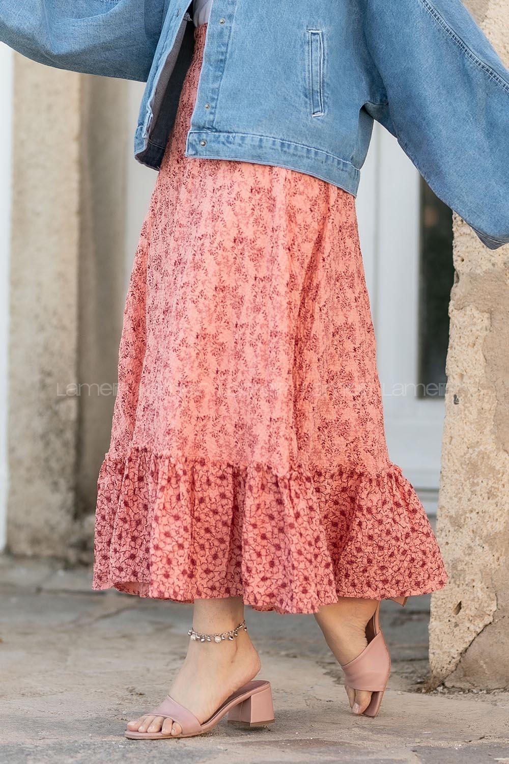 Modalamelif Çiçek Desenli Eteği Fırfır Detaylı Etek Gül