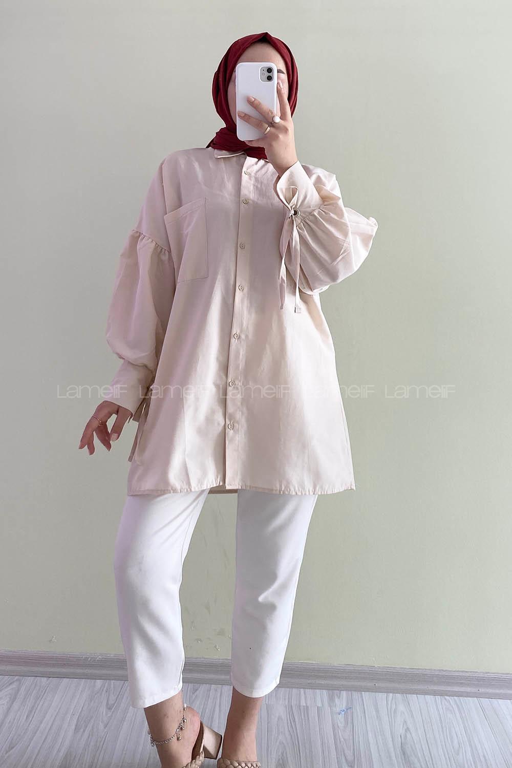 Modalamelif Kuşgözü Bağcıklı Çift Cepli Gömlek Taş Rengi