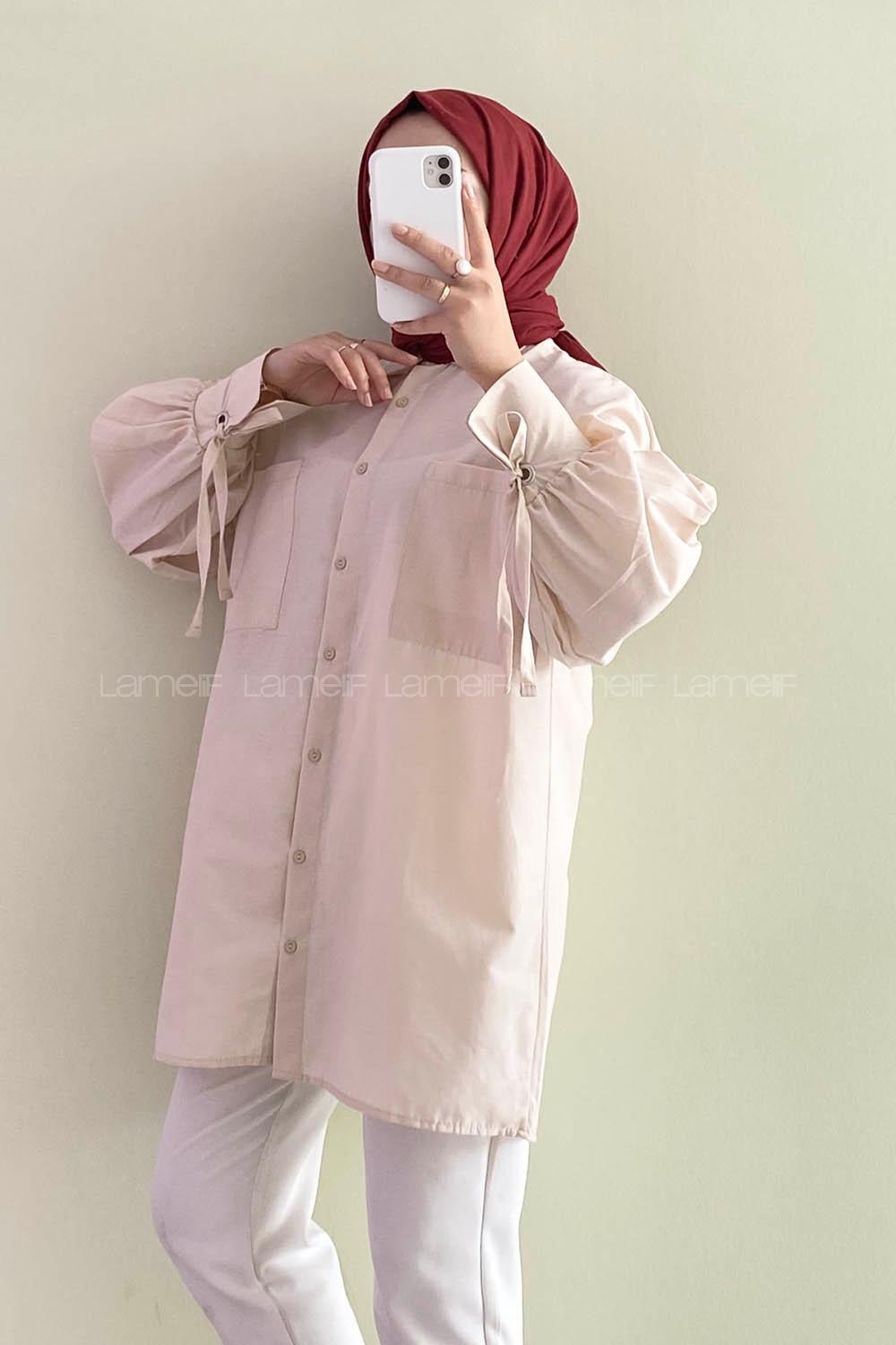 Modalamelif Kuşgözü Bağcıklı Çift Cepli Gömlek Taş Rengi