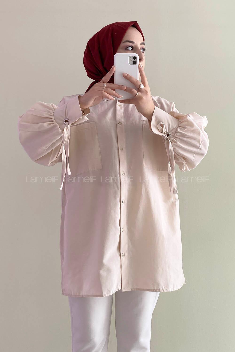 Modalamelif Kuşgözü Bağcıklı Çift Cepli Gömlek Taş Rengi