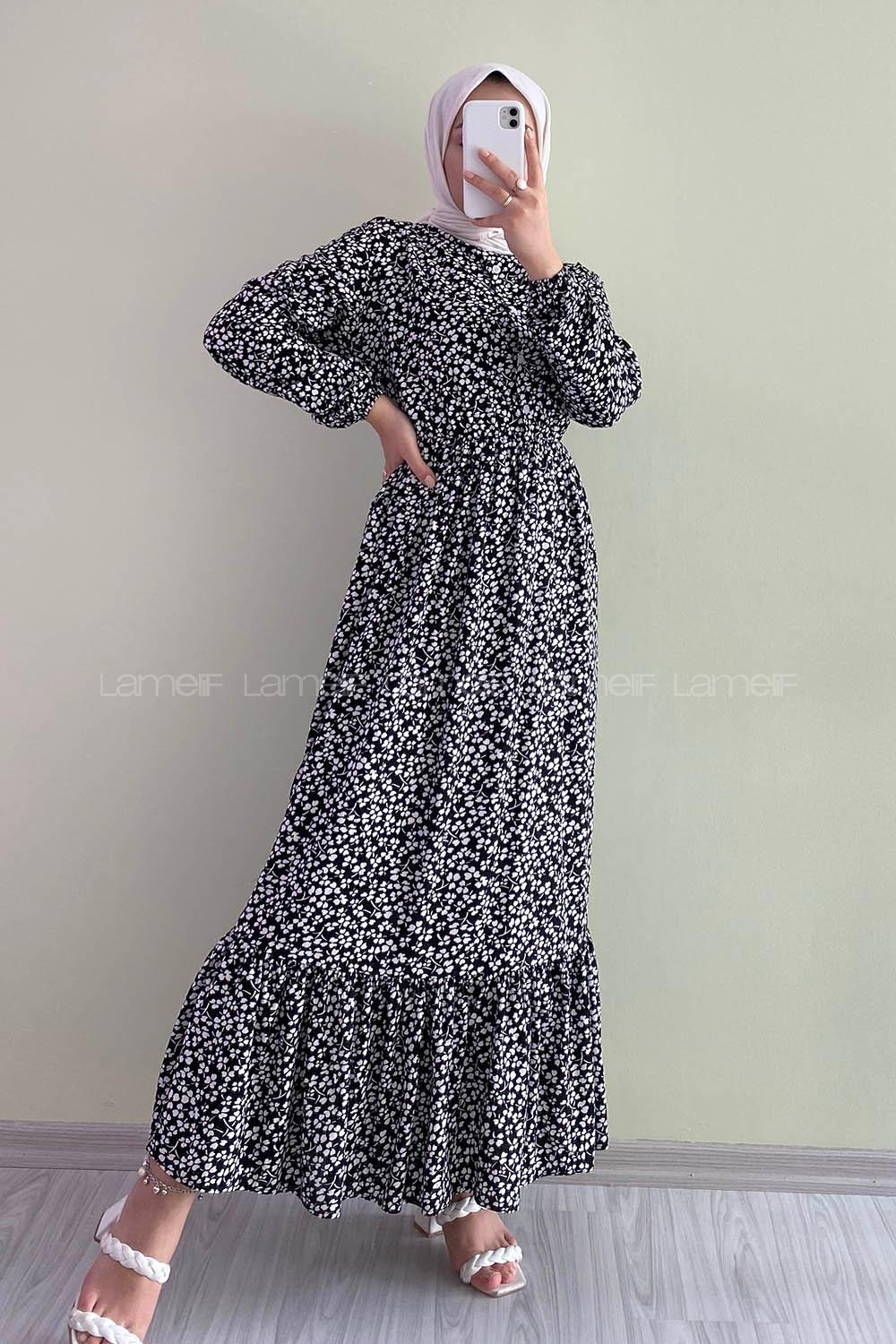 Modalamelif Önü Yarım Düğmeli Yonca Desenli Fırfırlı Elbise Siyah