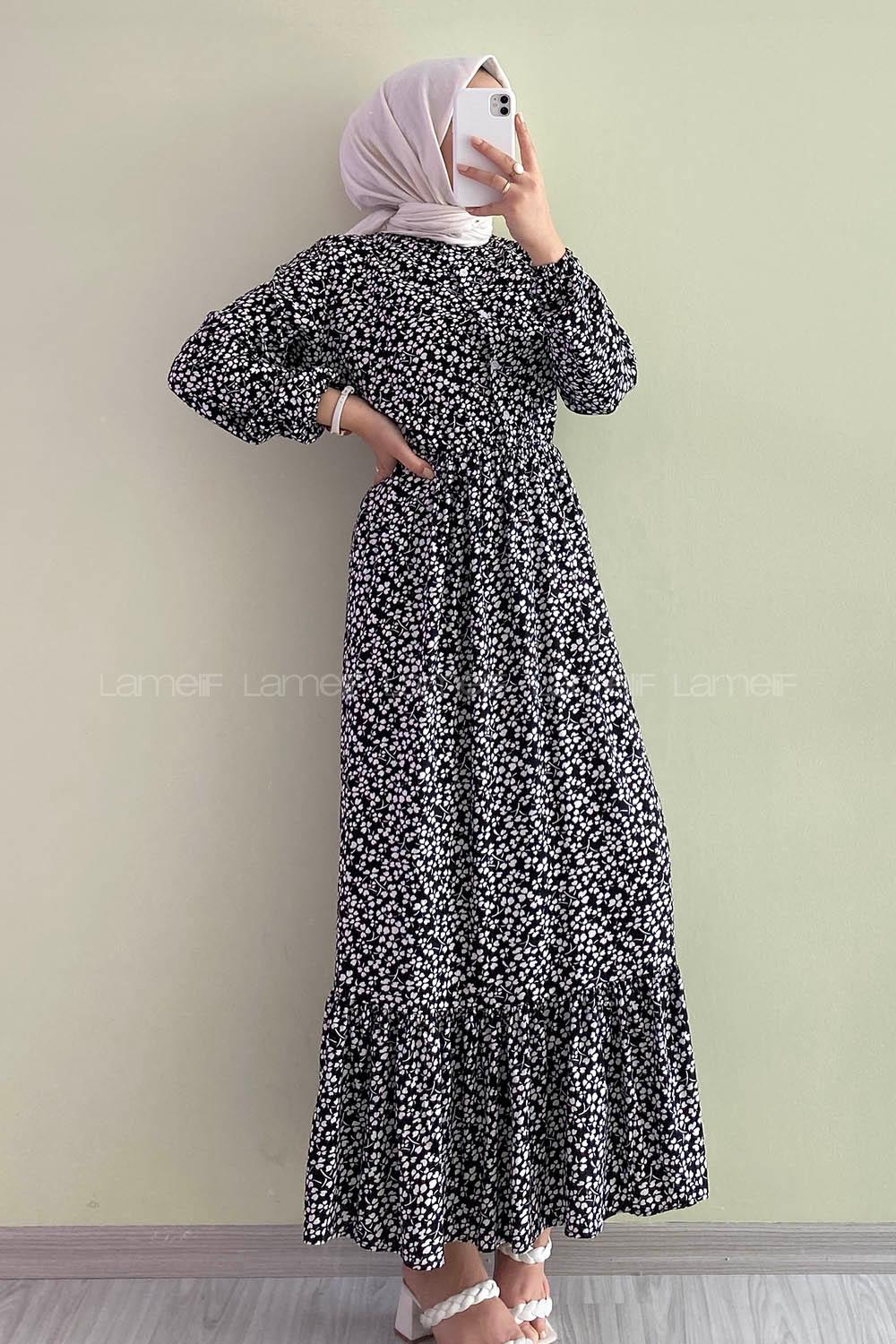 Modalamelif Önü Yarım Düğmeli Yonca Desenli Fırfırlı Elbise Siyah