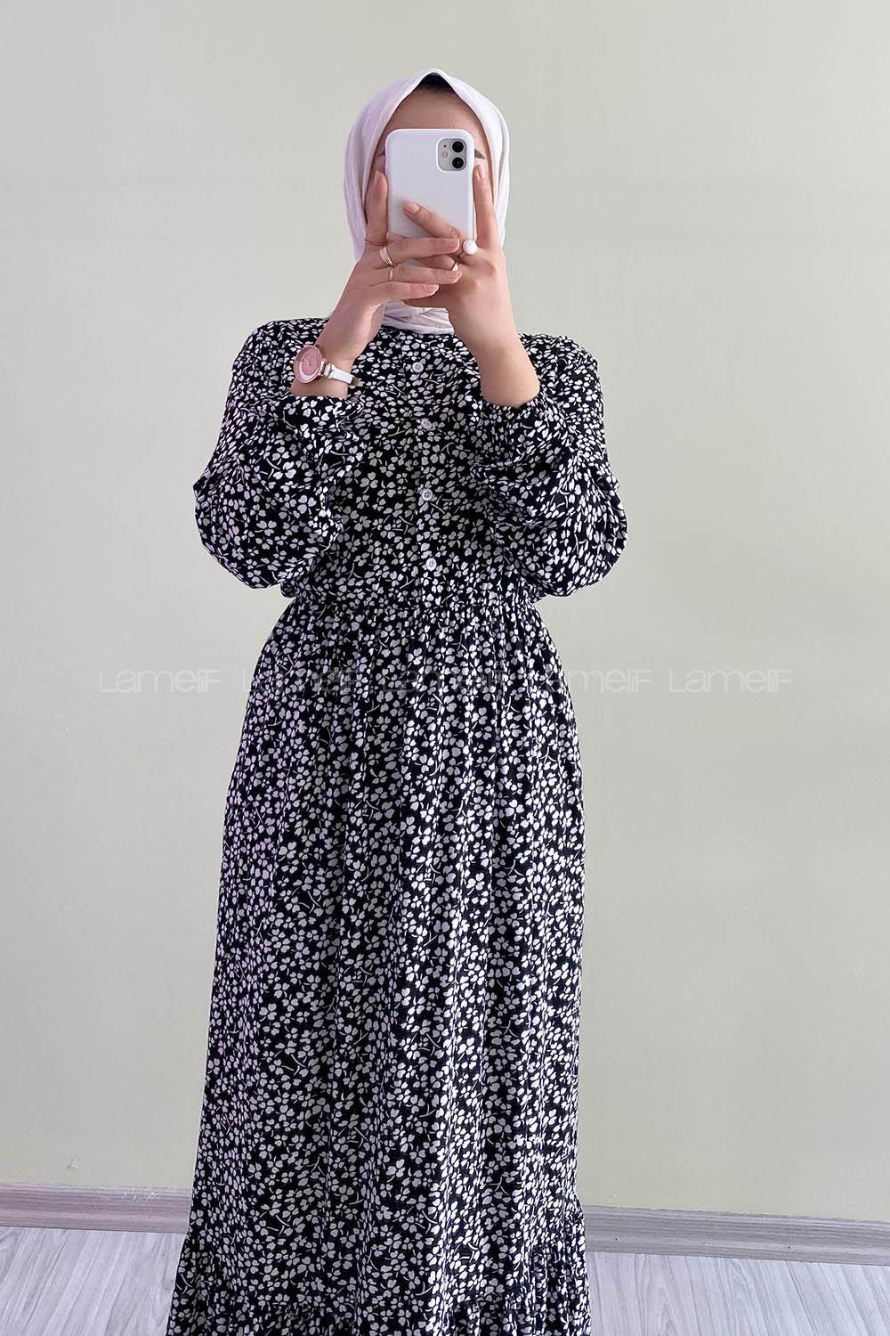 Modalamelif Önü Yarım Düğmeli Yonca Desenli Fırfırlı Elbise Siyah