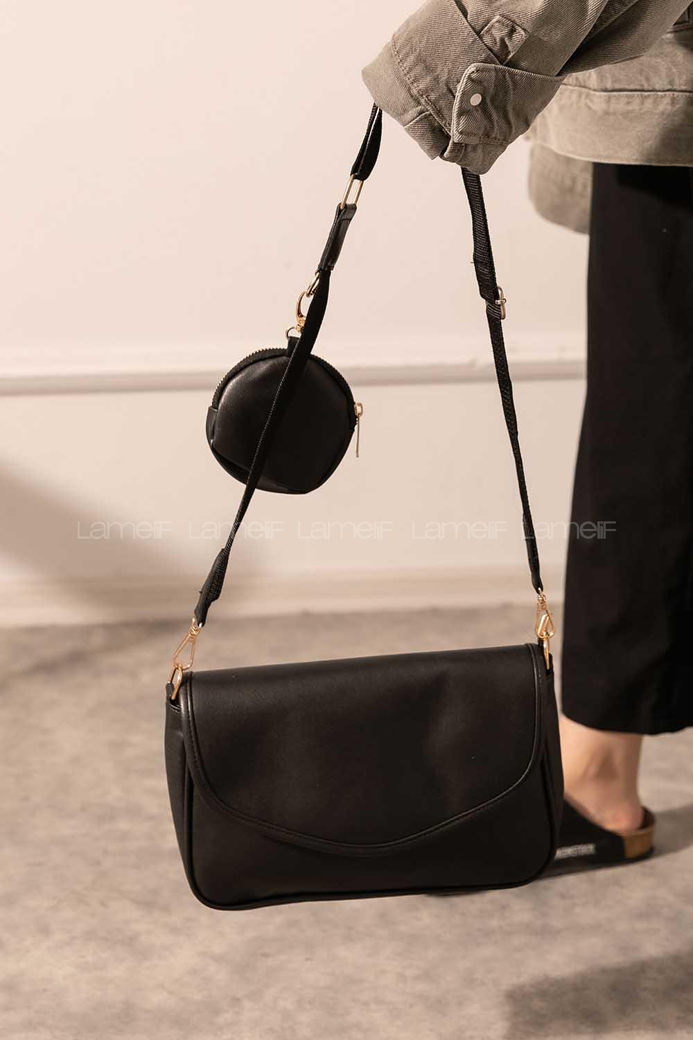 Modalamelif Hasır Askılı Cüzdan Aksesurlı Çanta Siyah