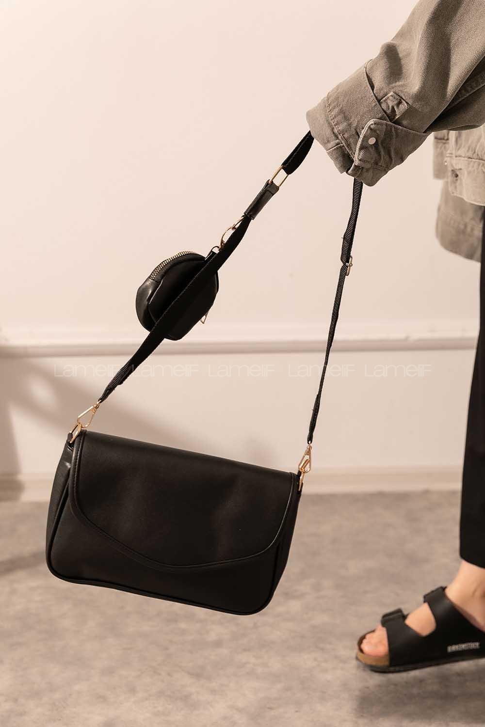 Modalamelif Hasır Askılı Cüzdan Aksesurlı Çanta Siyah