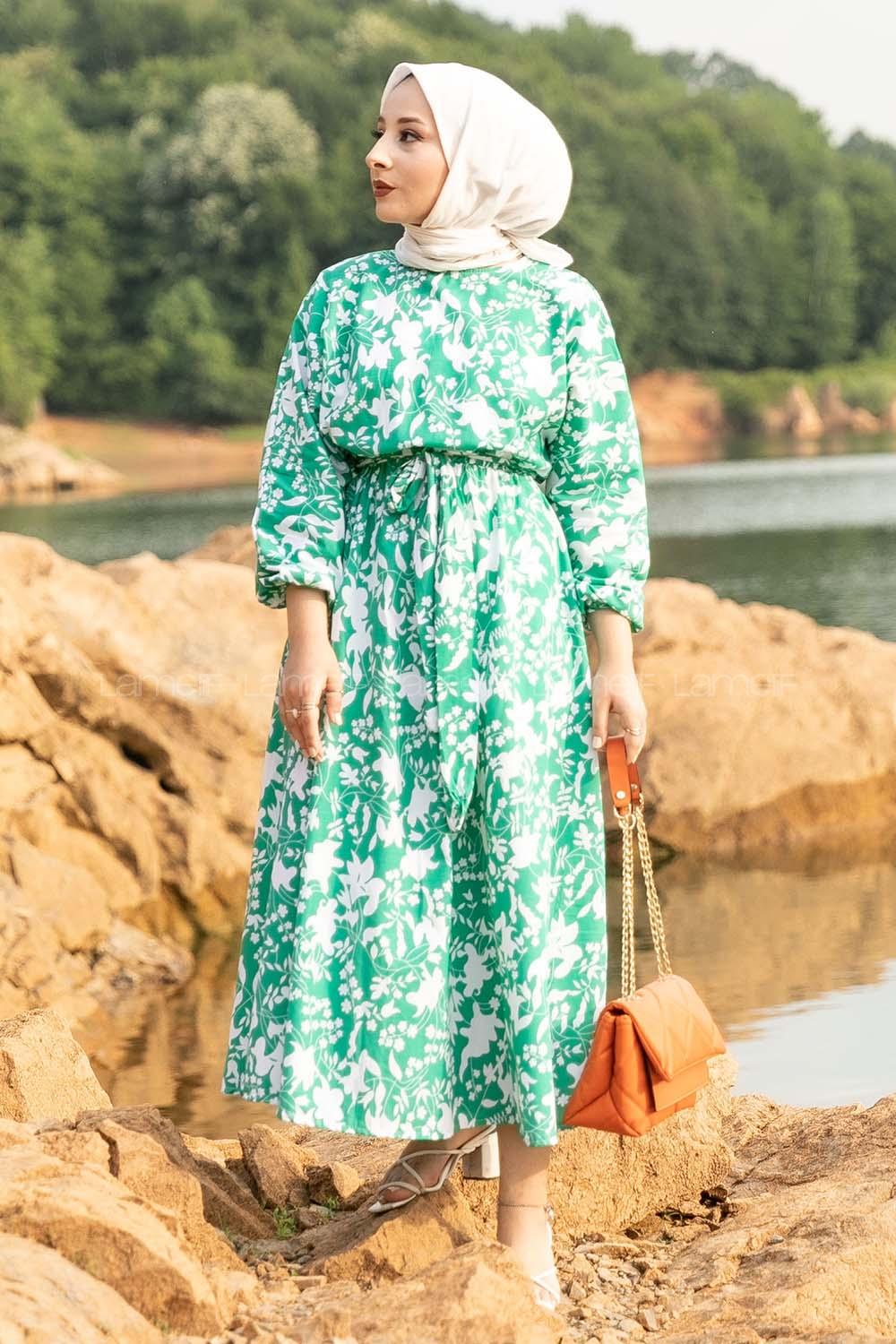 Modalamelif Bisiklet Yaka Beli Kuşaklı Elbise Çağla Yeşili