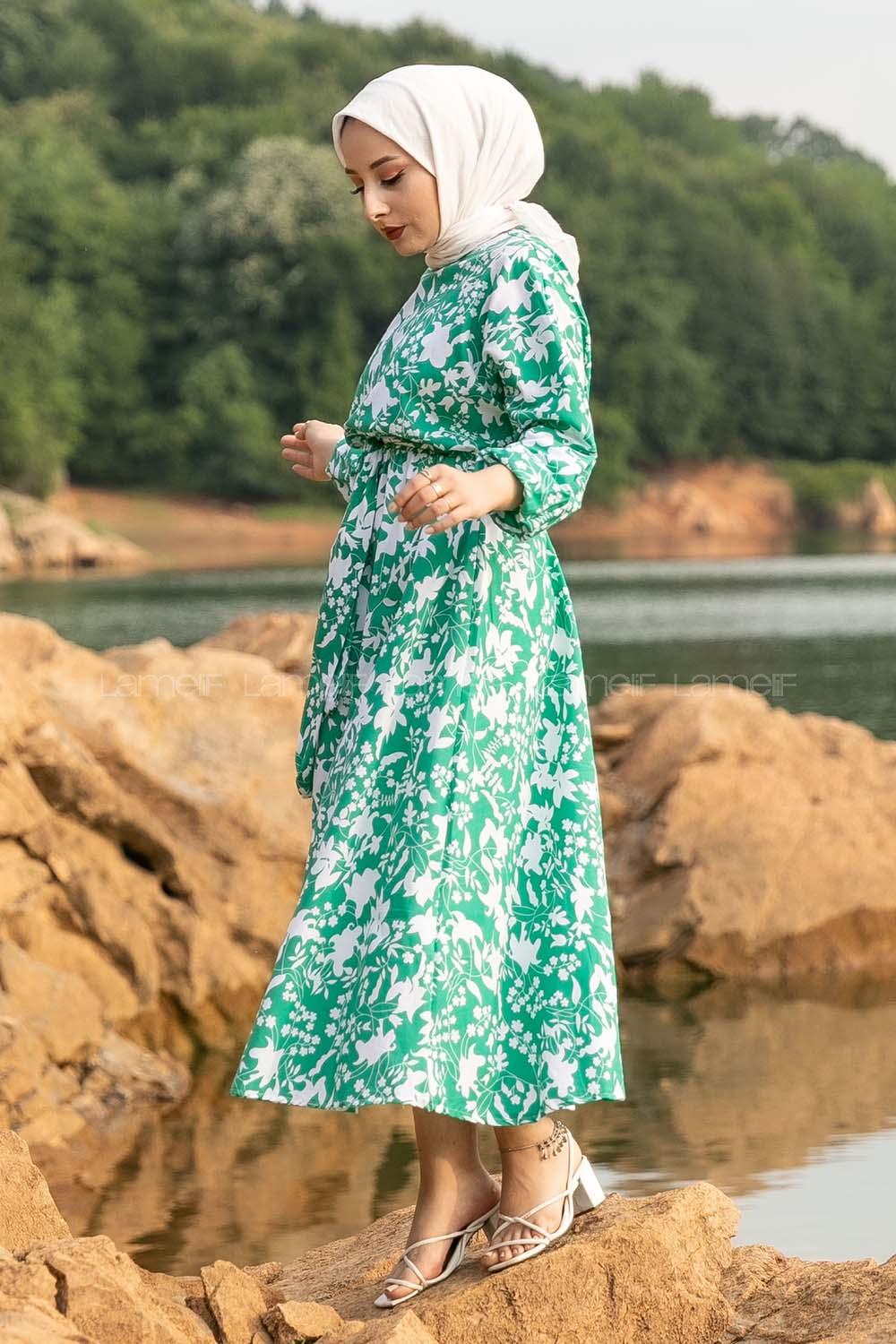 Modalamelif Bisiklet Yaka Beli Kuşaklı Elbise Çağla Yeşili