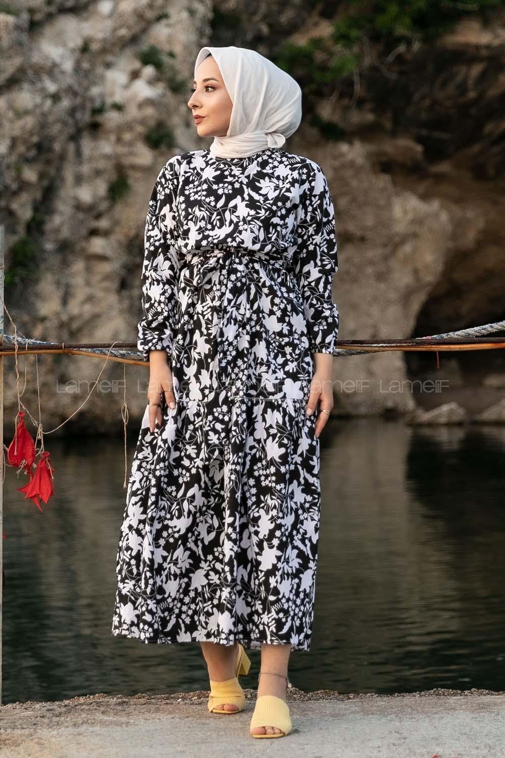 Modalamelif Bisiklet Yaka Beli Kuşaklı Elbise Siyah