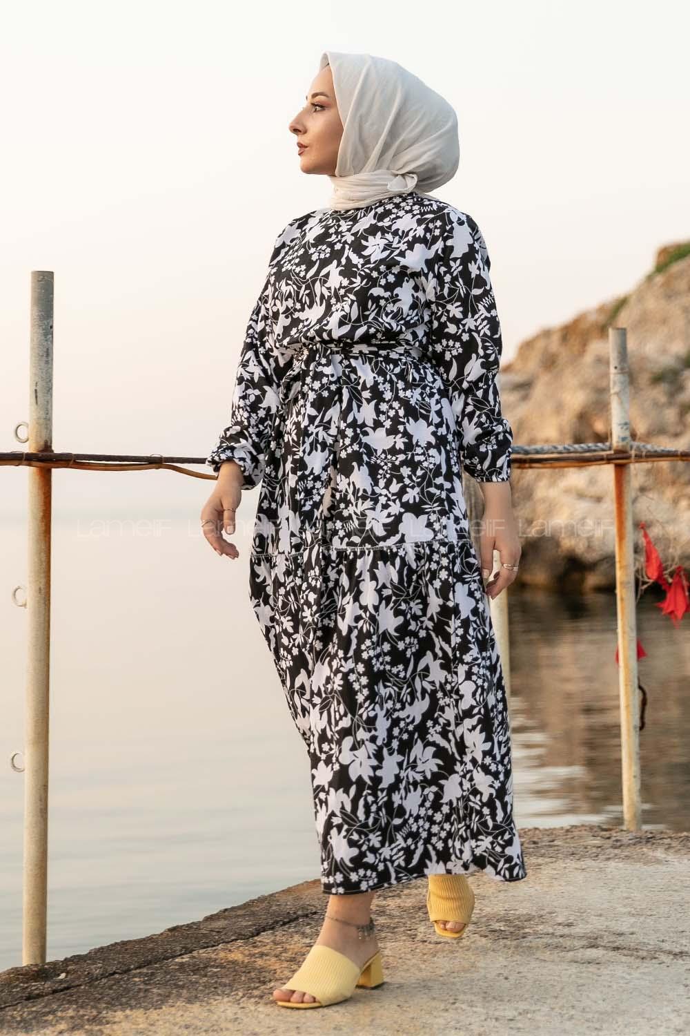 Modalamelif Bisiklet Yaka Beli Kuşaklı Elbise Siyah