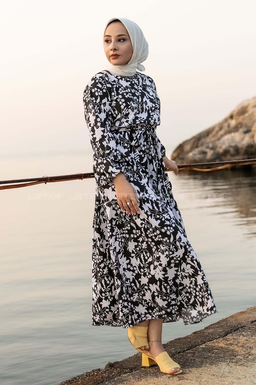 Modalamelif Bisiklet Yaka Beli Kuşaklı Elbise Siyah