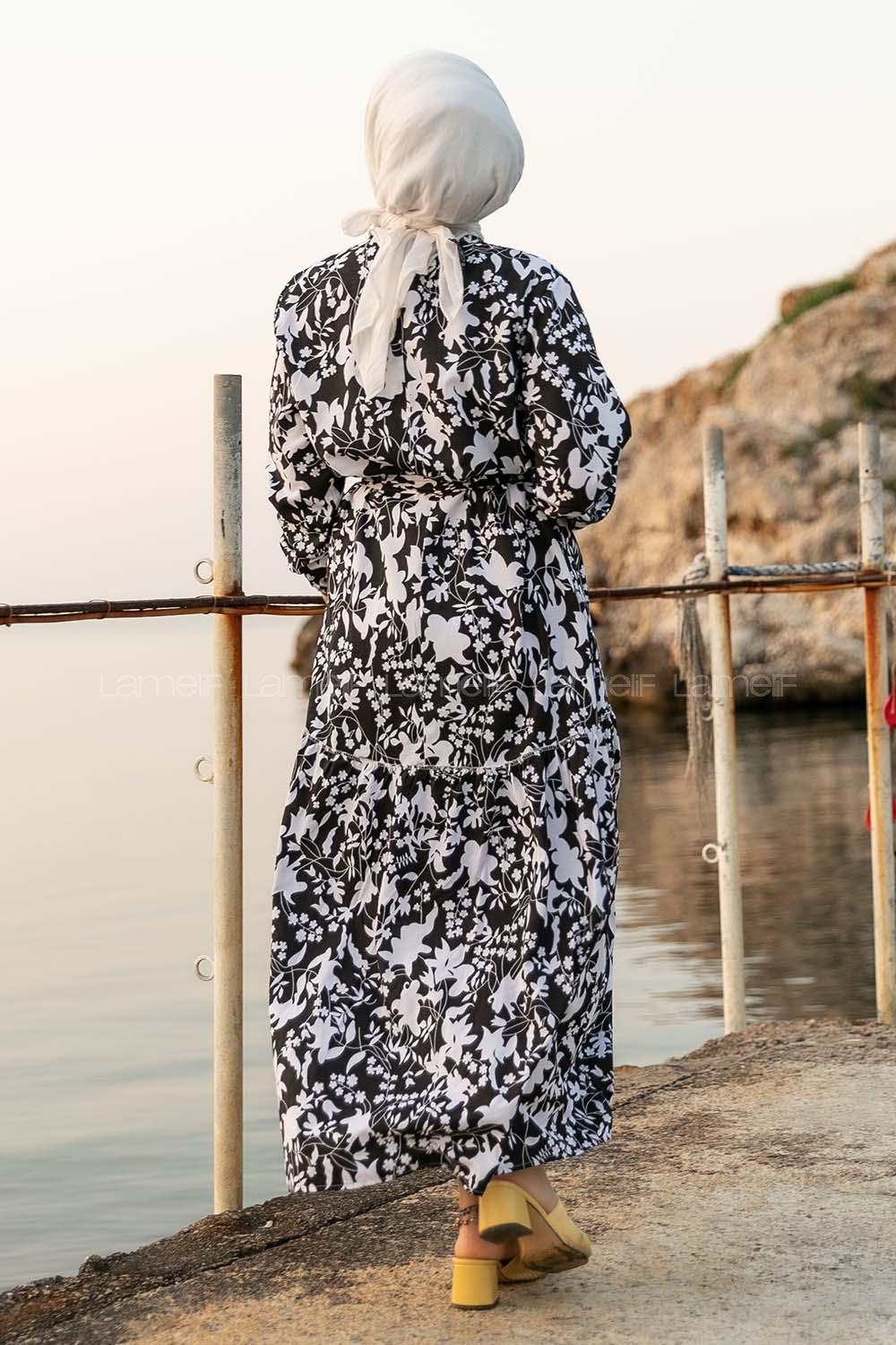 Modalamelif Bisiklet Yaka Beli Kuşaklı Elbise Siyah