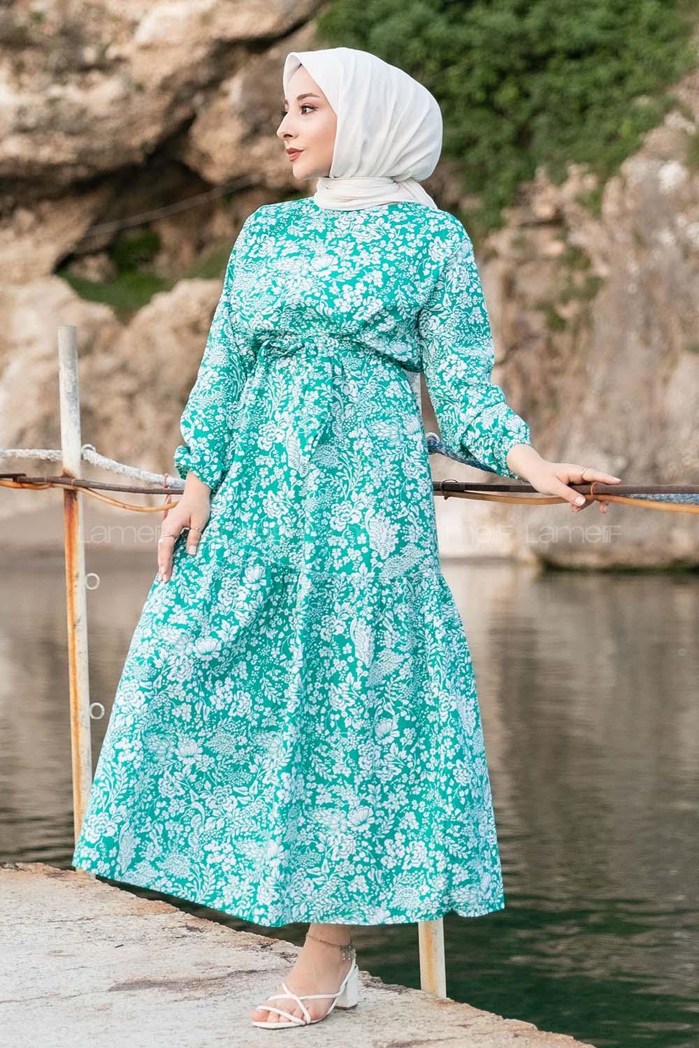 Modalamelif Çiçek Motifli Eteği Fırfırlı Kuşaklı Elbise Yeşil