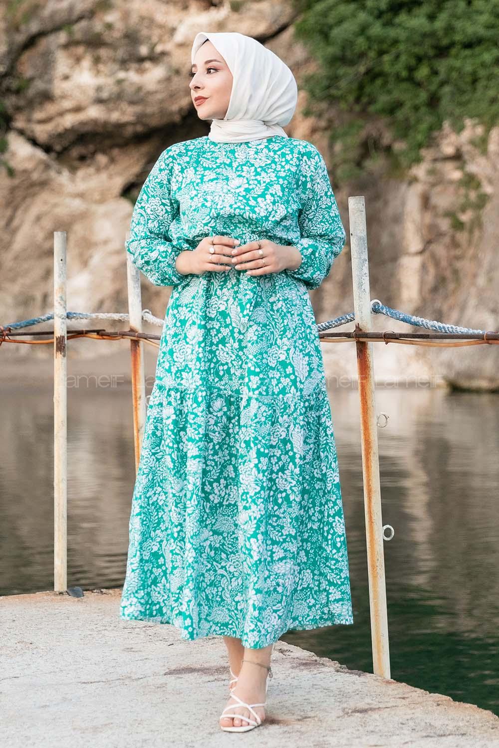 Modalamelif Çiçek Motifli Eteği Fırfırlı Kuşaklı Elbise Yeşil