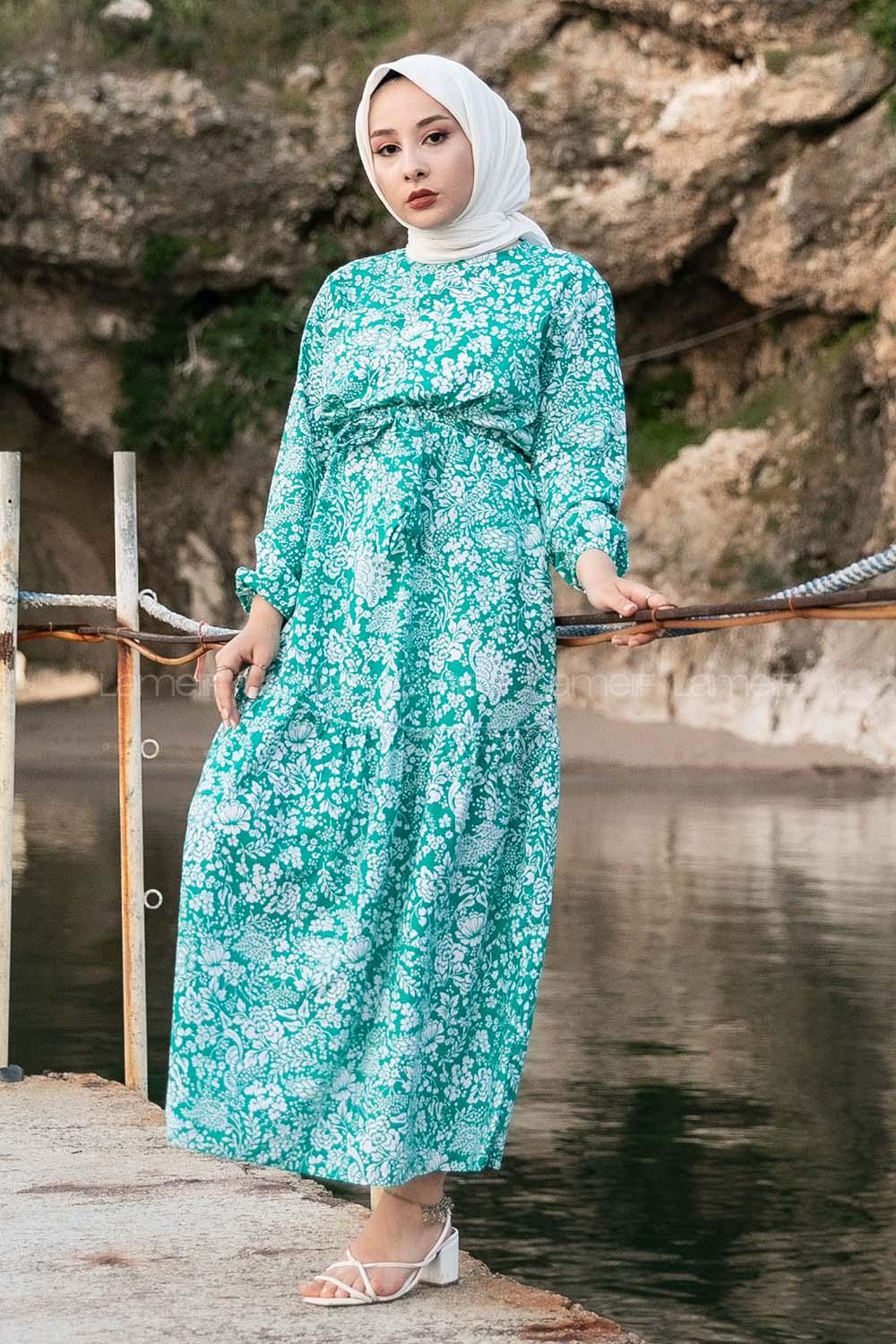 Modalamelif Çiçek Motifli Eteği Fırfırlı Kuşaklı Elbise Yeşil