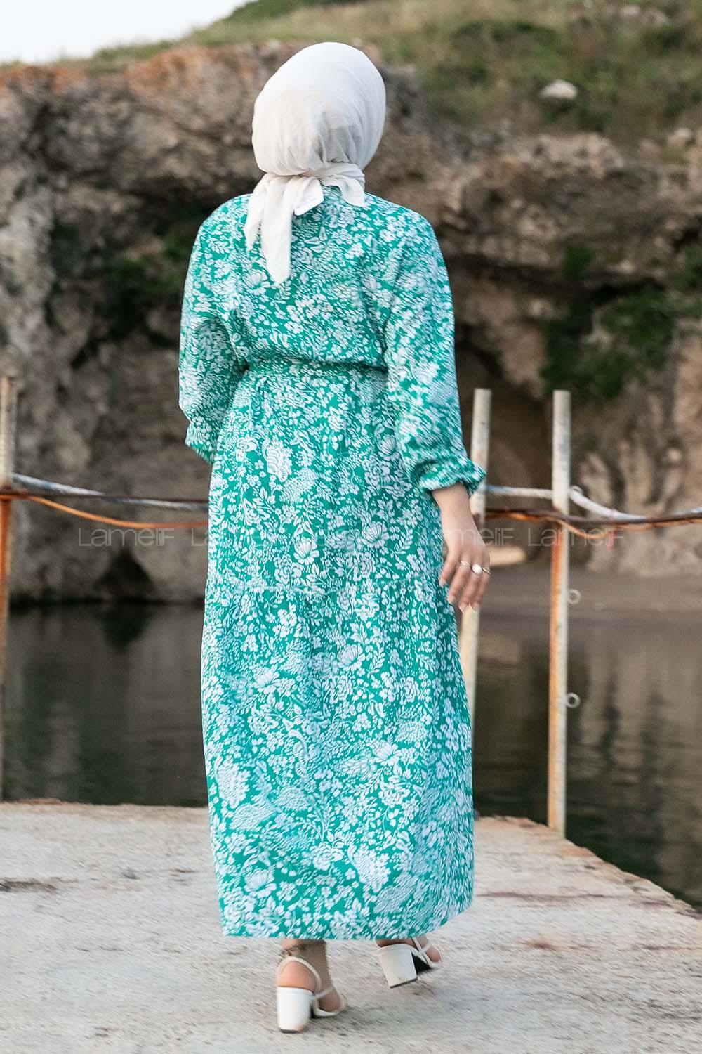 Modalamelif Çiçek Motifli Eteği Fırfırlı Kuşaklı Elbise Yeşil