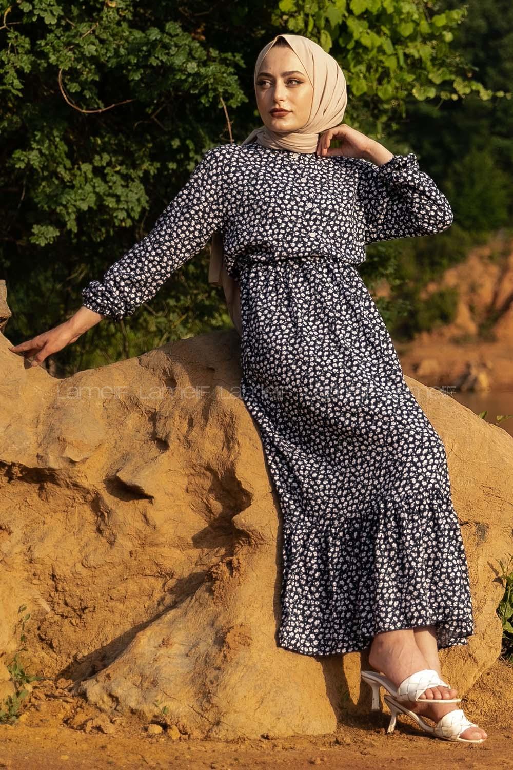 Modalamelif Minimal Çiçek Desenli Önü Yarım Düğmeli Elbise Lacivert