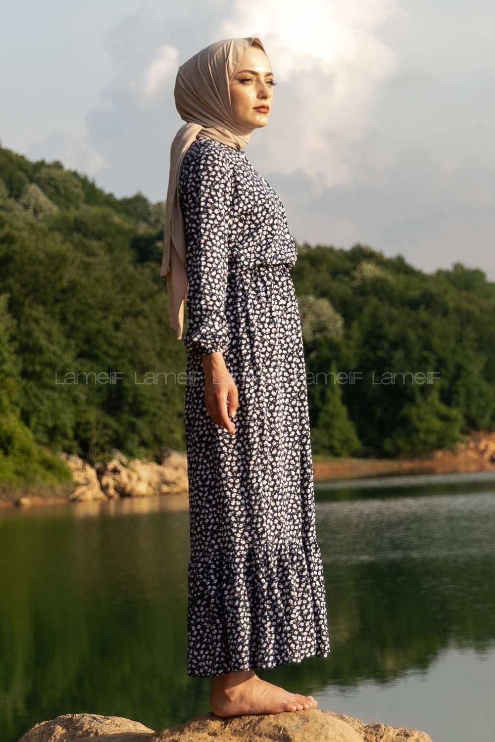 Modalamelif Minimal Çiçek Desenli Önü Yarım Düğmeli Elbise Lacivert