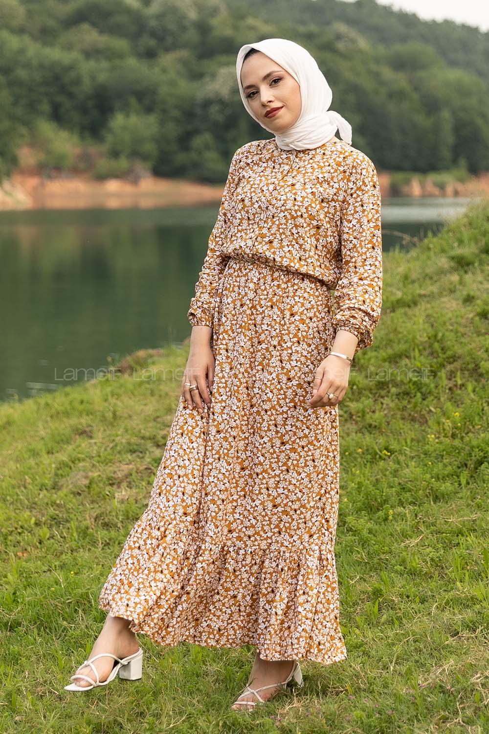 Modalamelif Önü Yarım Düğmeli Çiçek Desenli Eteği Fırfırlı Elbise Hardal Sarısı