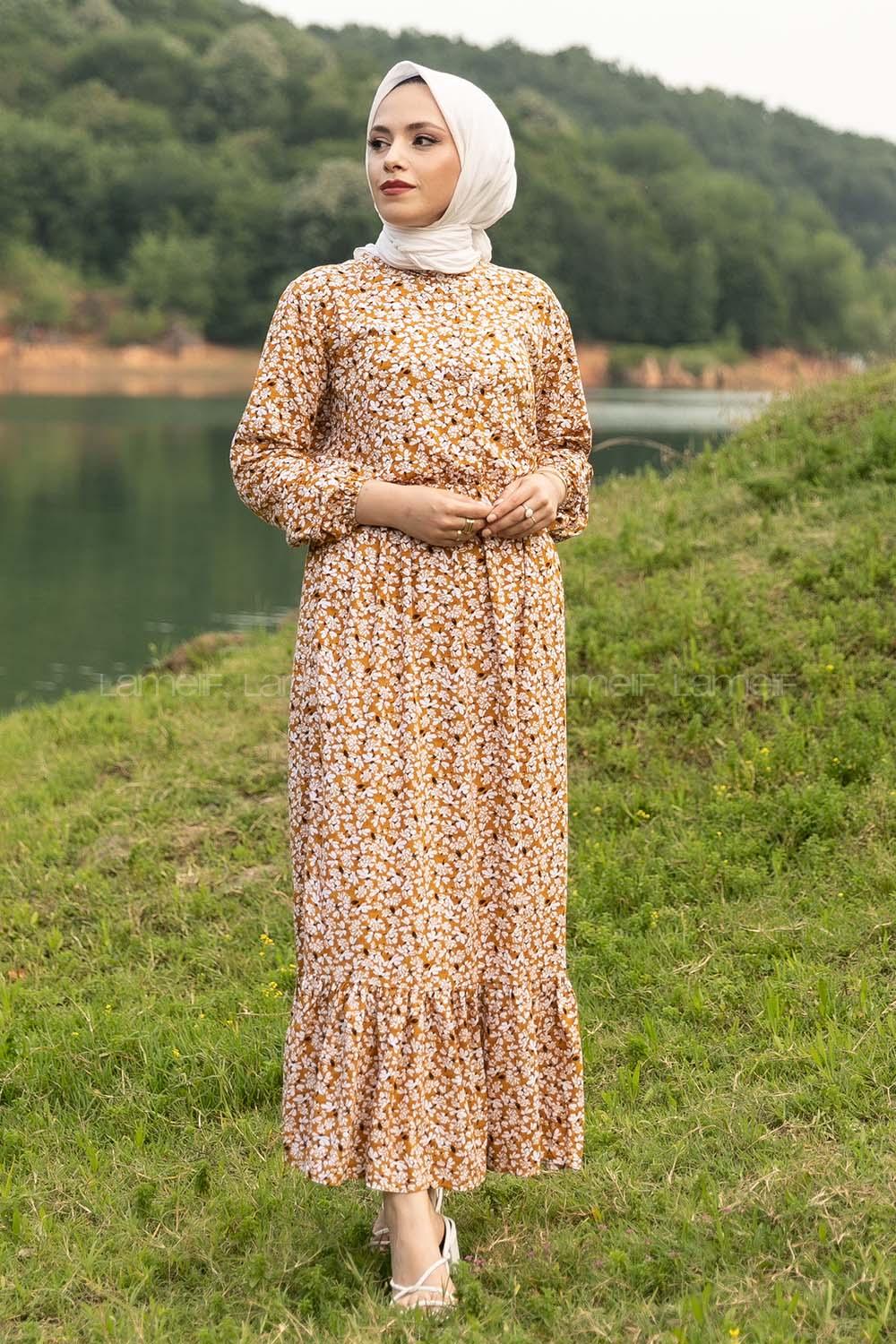 Modalamelif Önü Yarım Düğmeli Çiçek Desenli Eteği Fırfırlı Elbise Hardal Sarısı