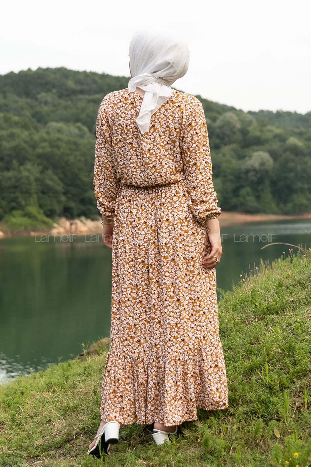 Modalamelif Önü Yarım Düğmeli Çiçek Desenli Eteği Fırfırlı Elbise Hardal Sarısı