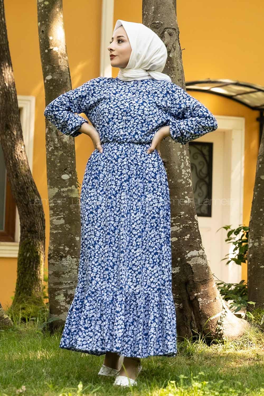 Modalamelif Önü Yarım Düğmeli Çiçek Desenli Eteği Fırfırlı Elbise İndigo