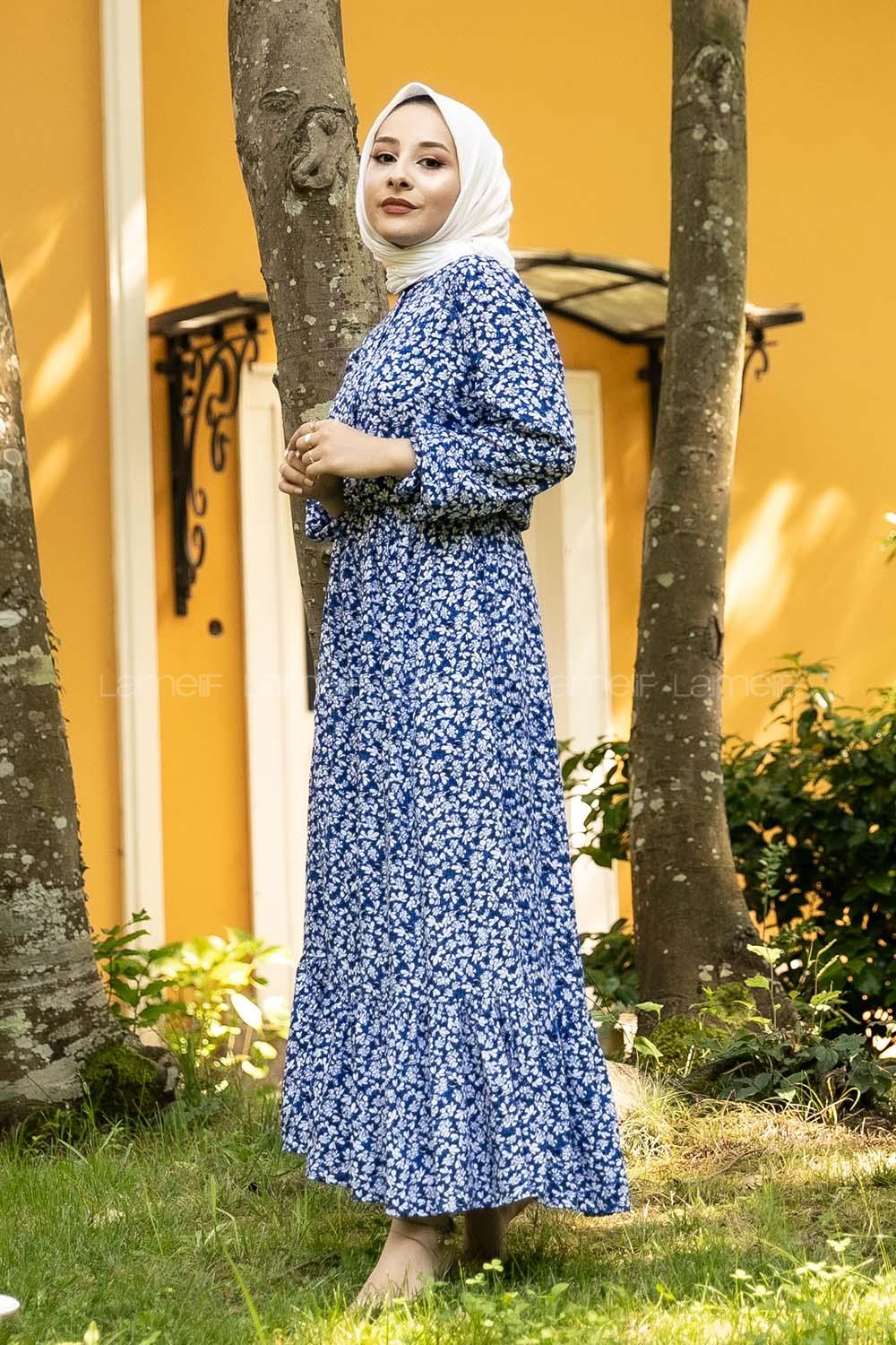Modalamelif Önü Yarım Düğmeli Çiçek Desenli Eteği Fırfırlı Elbise İndigo