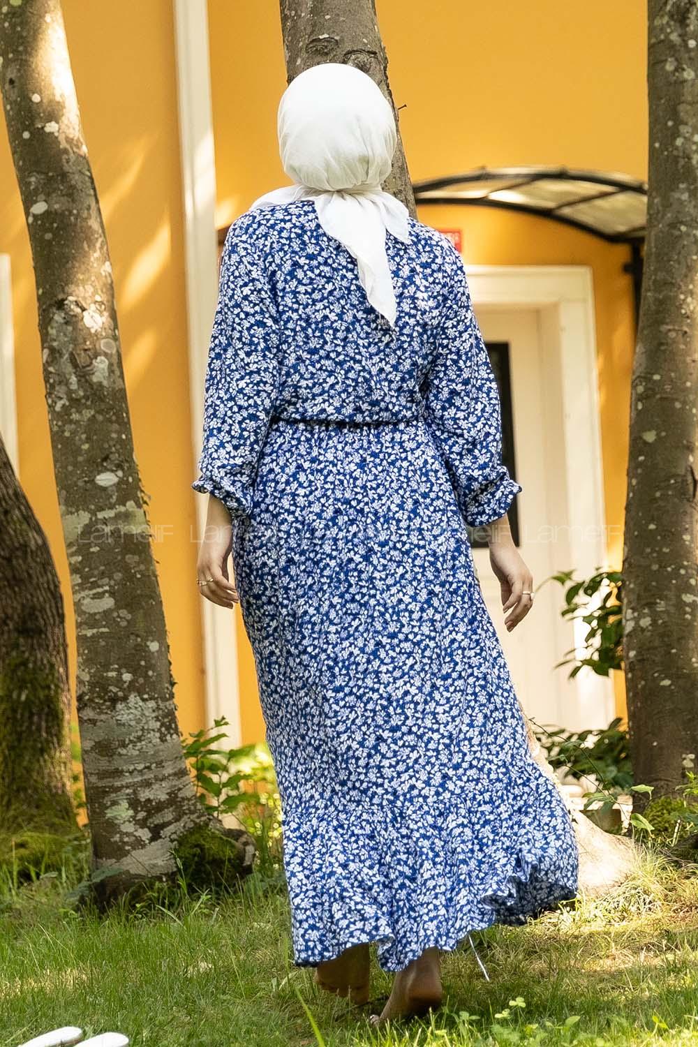 Modalamelif Önü Yarım Düğmeli Çiçek Desenli Eteği Fırfırlı Elbise İndigo