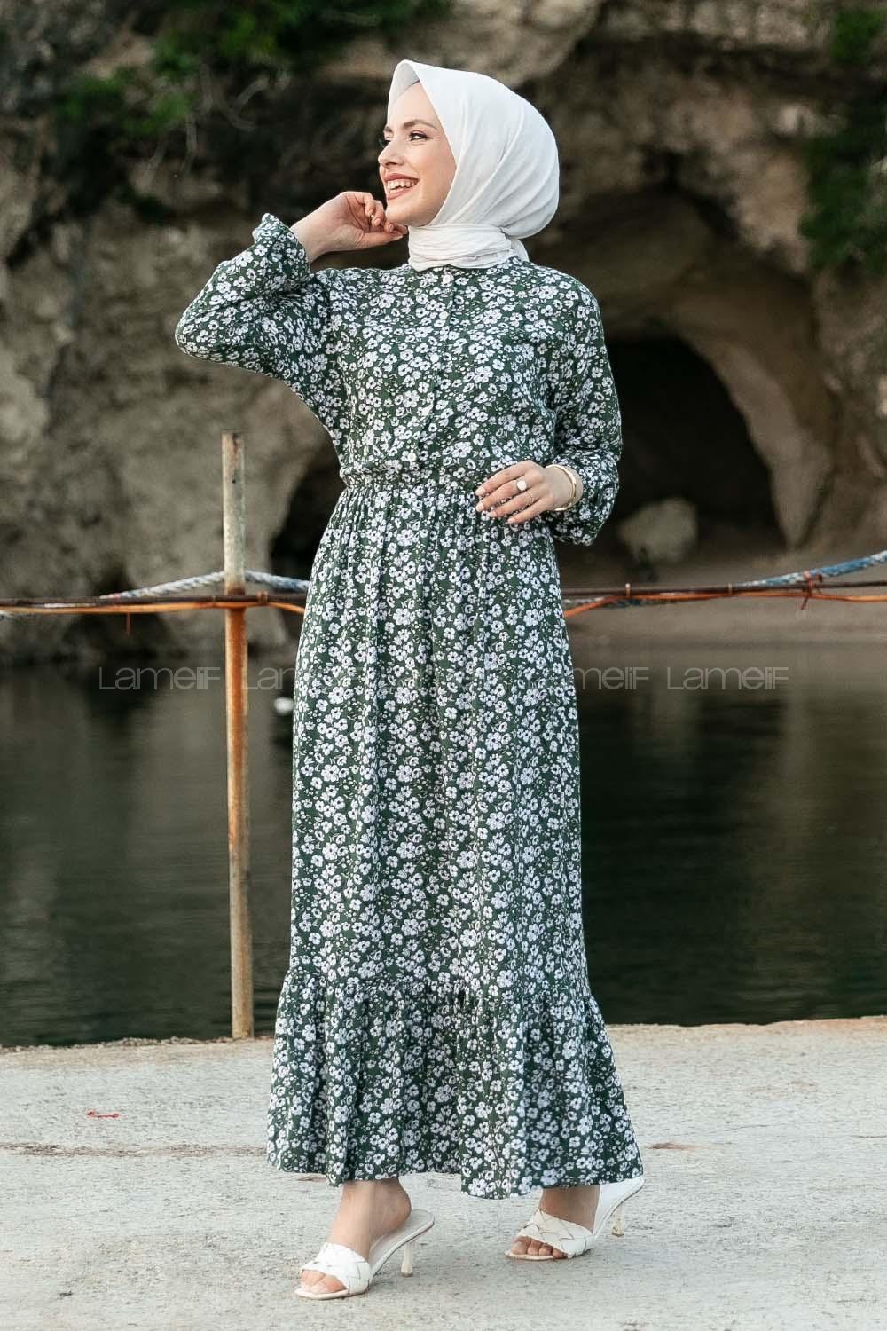 Modalamelif Önü Yarım Düğmeli  Çiçek Desenli Fırfırlı Elbise Haki