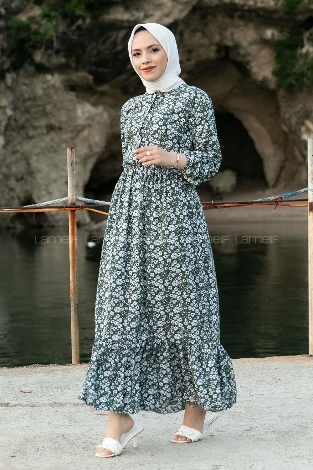 Modalamelif Önü Yarım Düğmeli  Çiçek Desenli Fırfırlı Elbise Haki