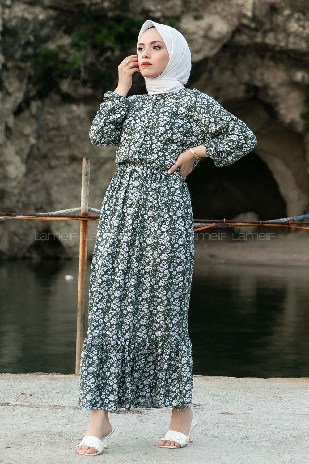 Modalamelif Önü Yarım Düğmeli  Çiçek Desenli Fırfırlı Elbise Haki