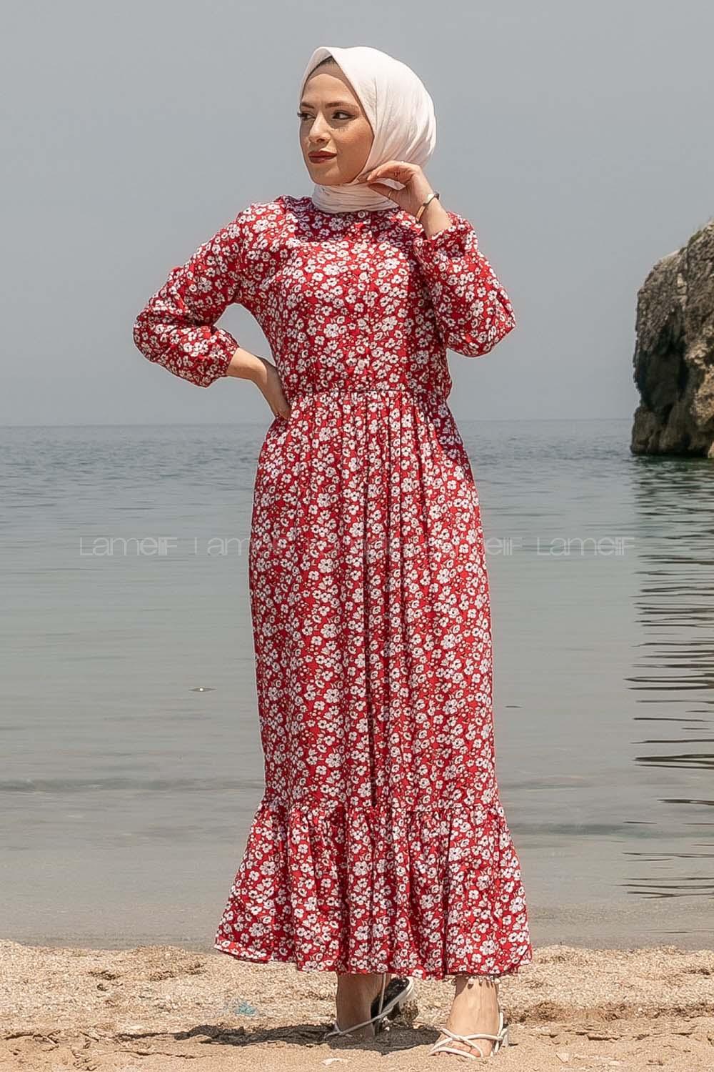 Modalamelif Önü Yarım Düğmeli  Çiçek Desenli Fırfırlı Elbise Kırmızı