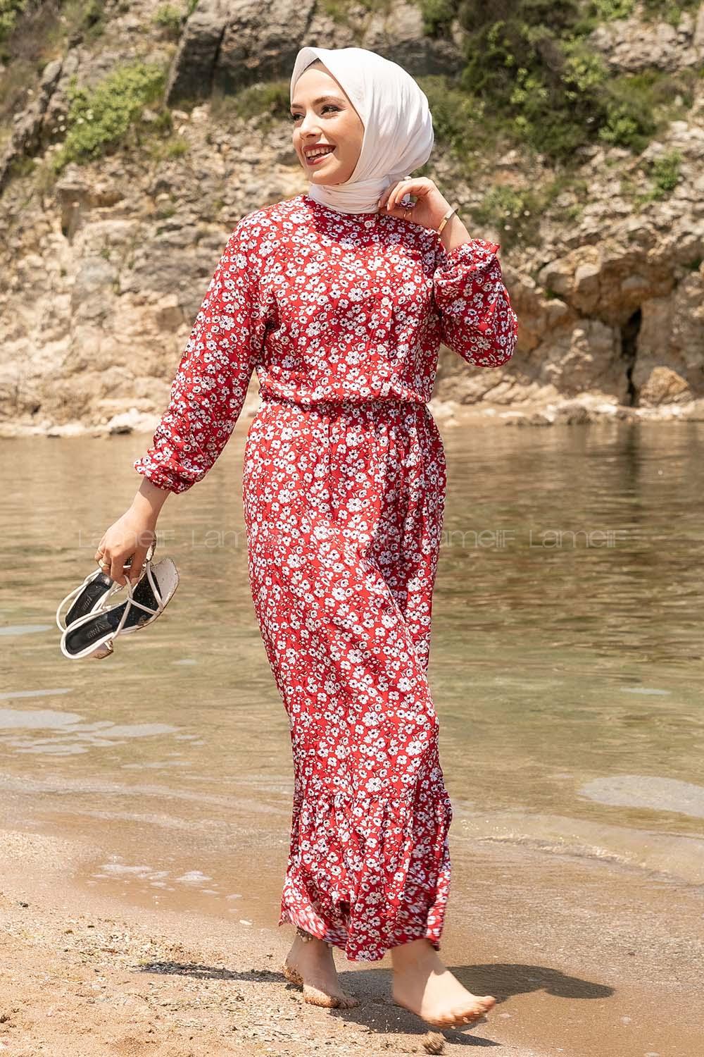 Modalamelif Önü Yarım Düğmeli  Çiçek Desenli Fırfırlı Elbise Kırmızı