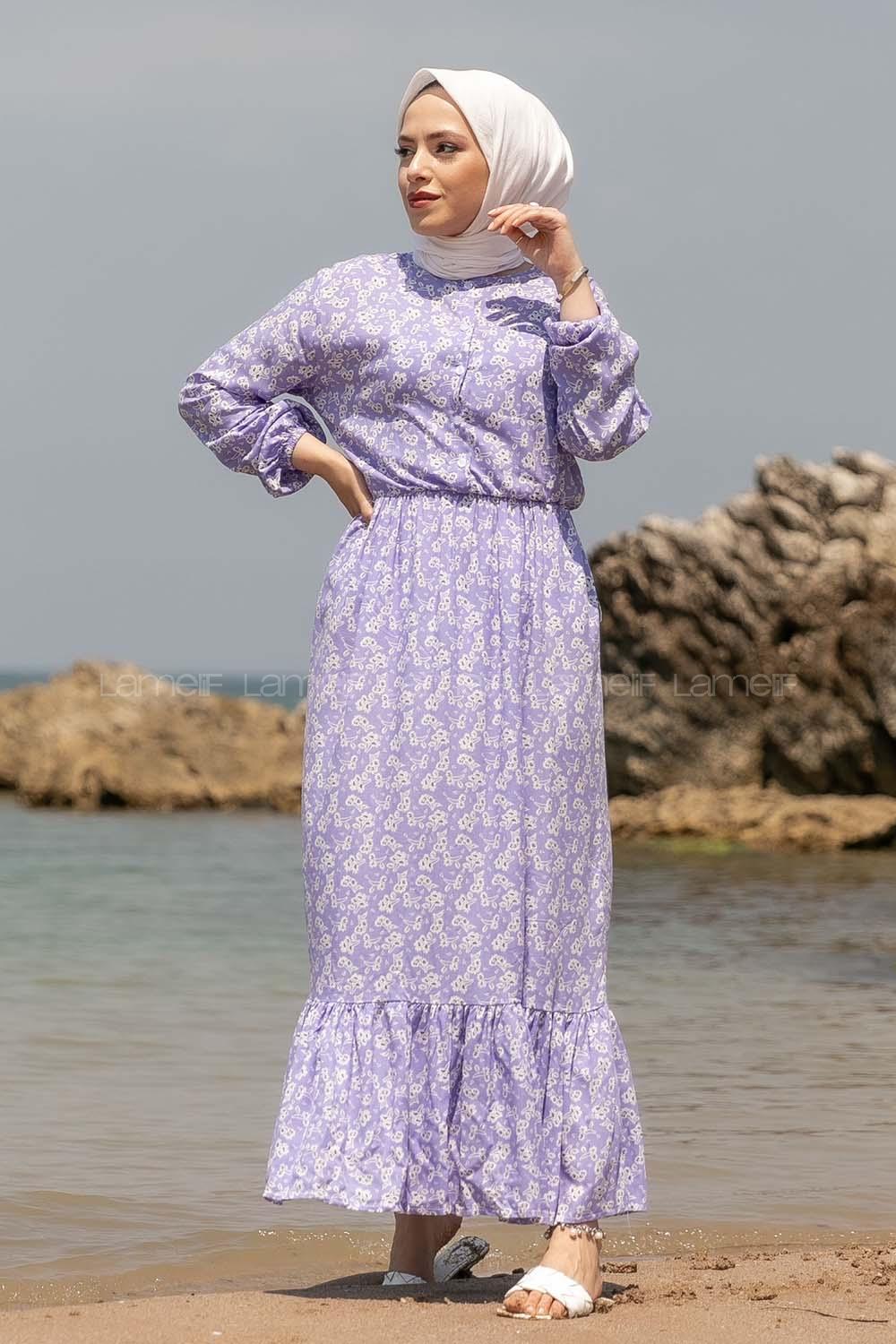 Modalamelif Önü Yarım Düğmeli Papatya Desenli Elbise Lila