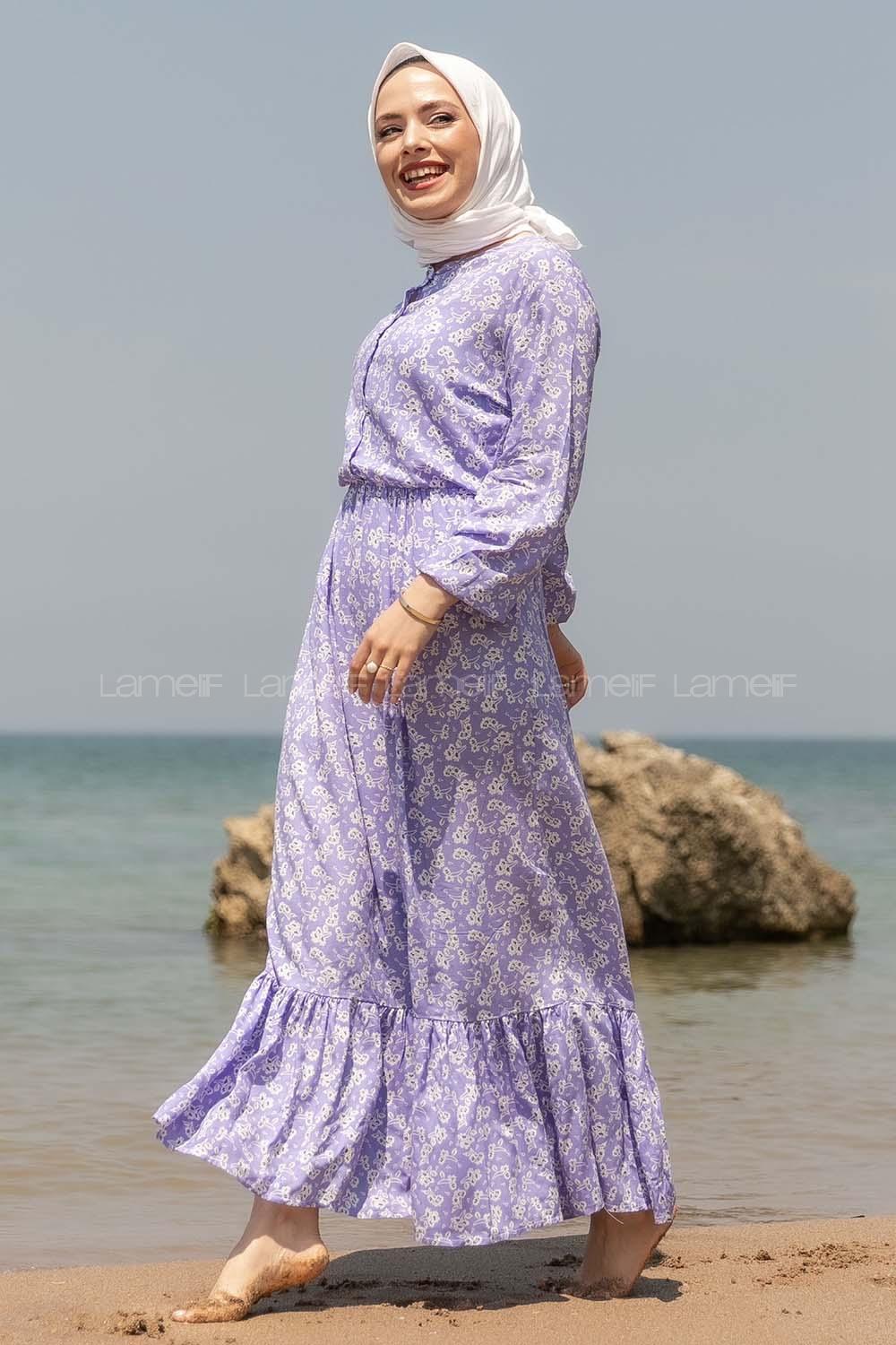 Modalamelif Önü Yarım Düğmeli Papatya Desenli Elbise Lila