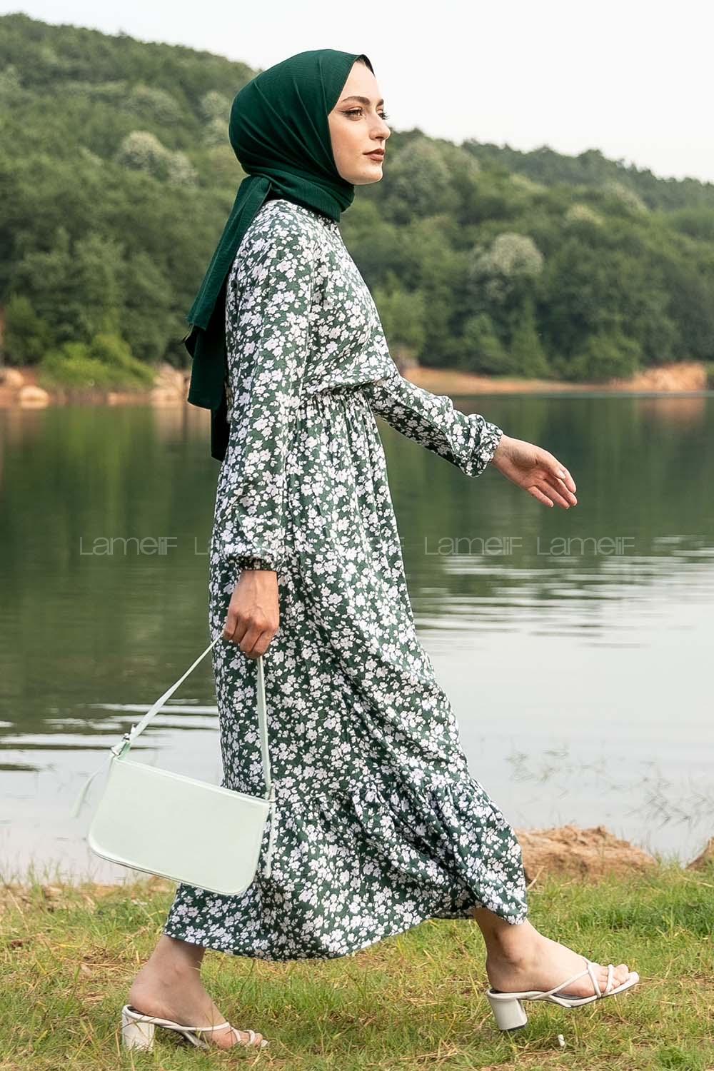 Modalamelif Önü Yarım Düğmeli Papatya Desenli Eteği Fırfırlı Elbise Yeşil