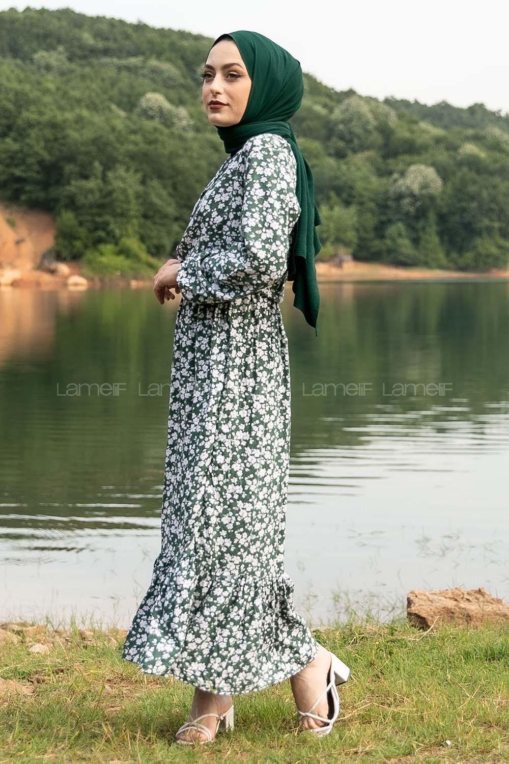 Modalamelif Önü Yarım Düğmeli Papatya Desenli Eteği Fırfırlı Elbise Yeşil