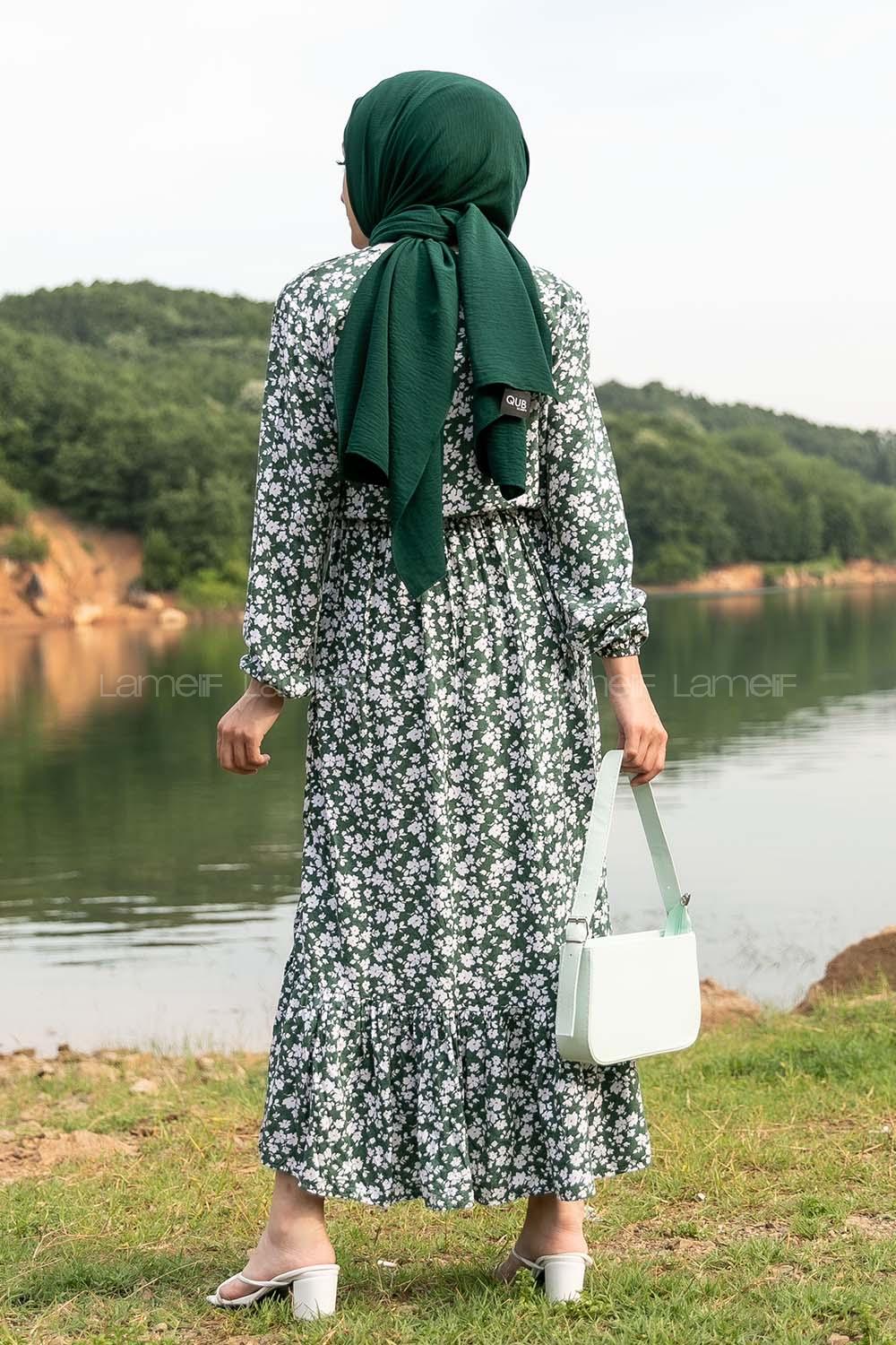 Modalamelif Önü Yarım Düğmeli Papatya Desenli Eteği Fırfırlı Elbise Yeşil