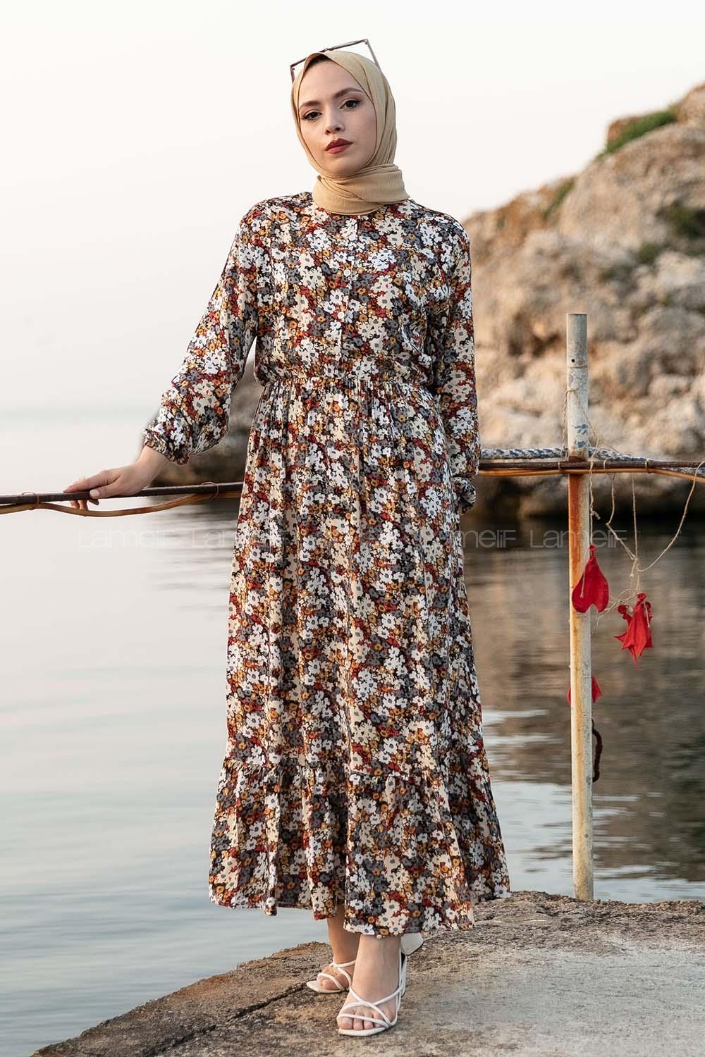 Modalamelif Önü Yarım Düğmeli Soyut Desenli Eteği Fırfırlı Elbise Bej