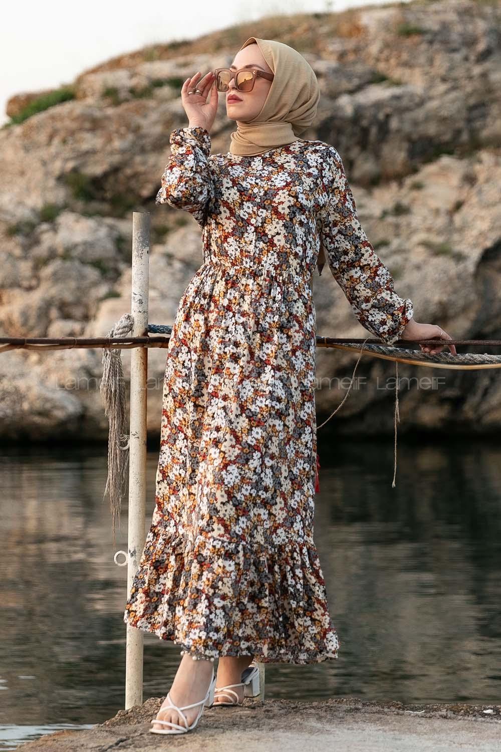 Modalamelif Önü Yarım Düğmeli Soyut Desenli Eteği Fırfırlı Elbise Bej