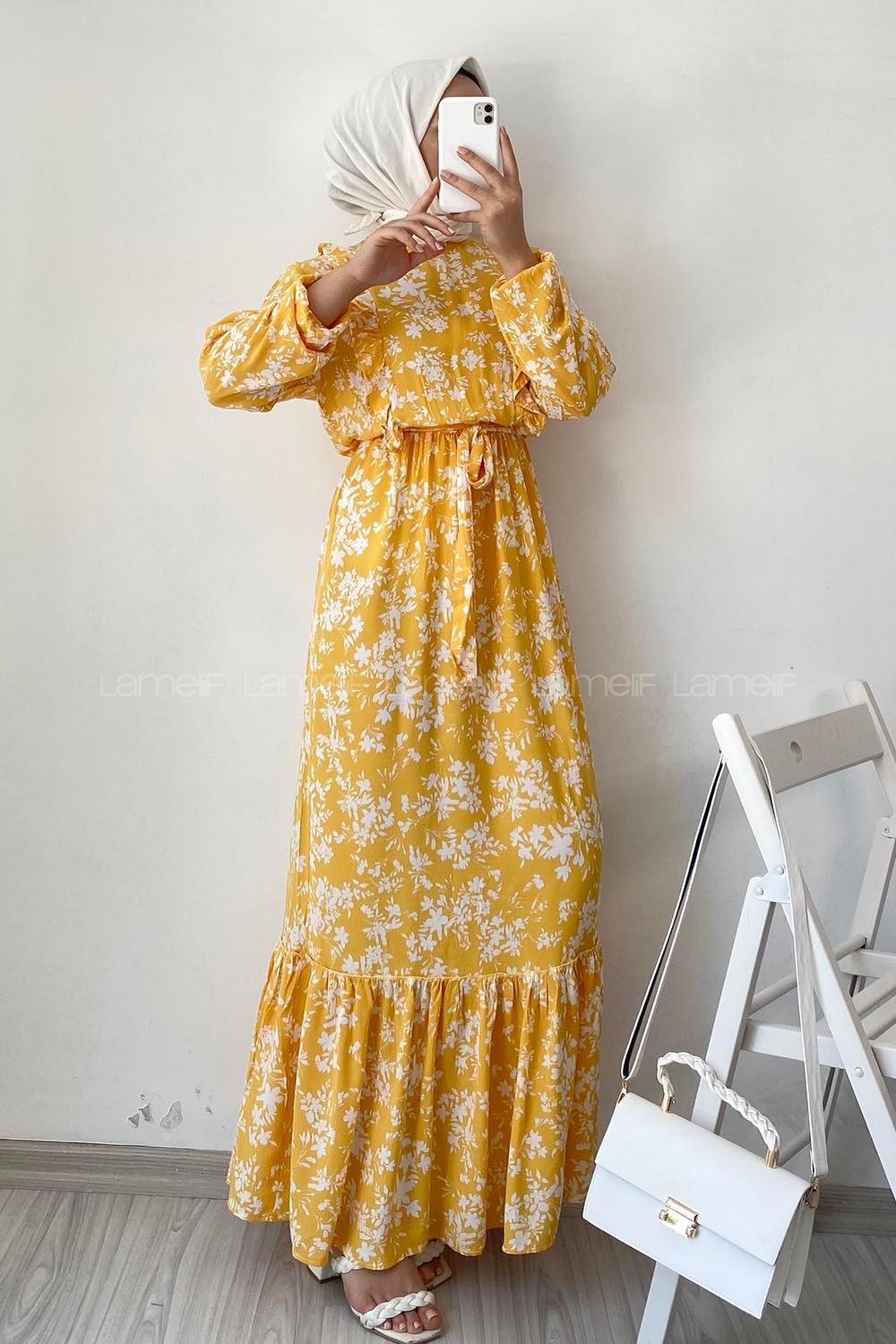 Modalamelif Omuz Fırfırlı Kuşaklı Çiçek Motifli Elbise Sarı