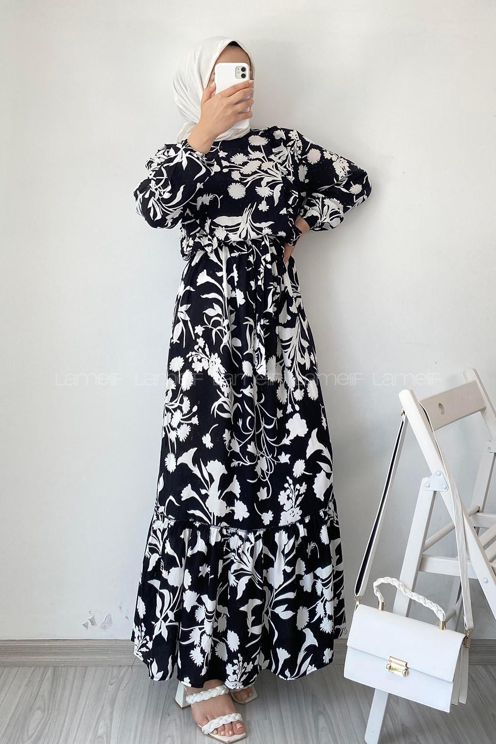 Modalamelif Önü FırFır Detaylı Beli Lastikli Kuşaklı Elbise Siyah