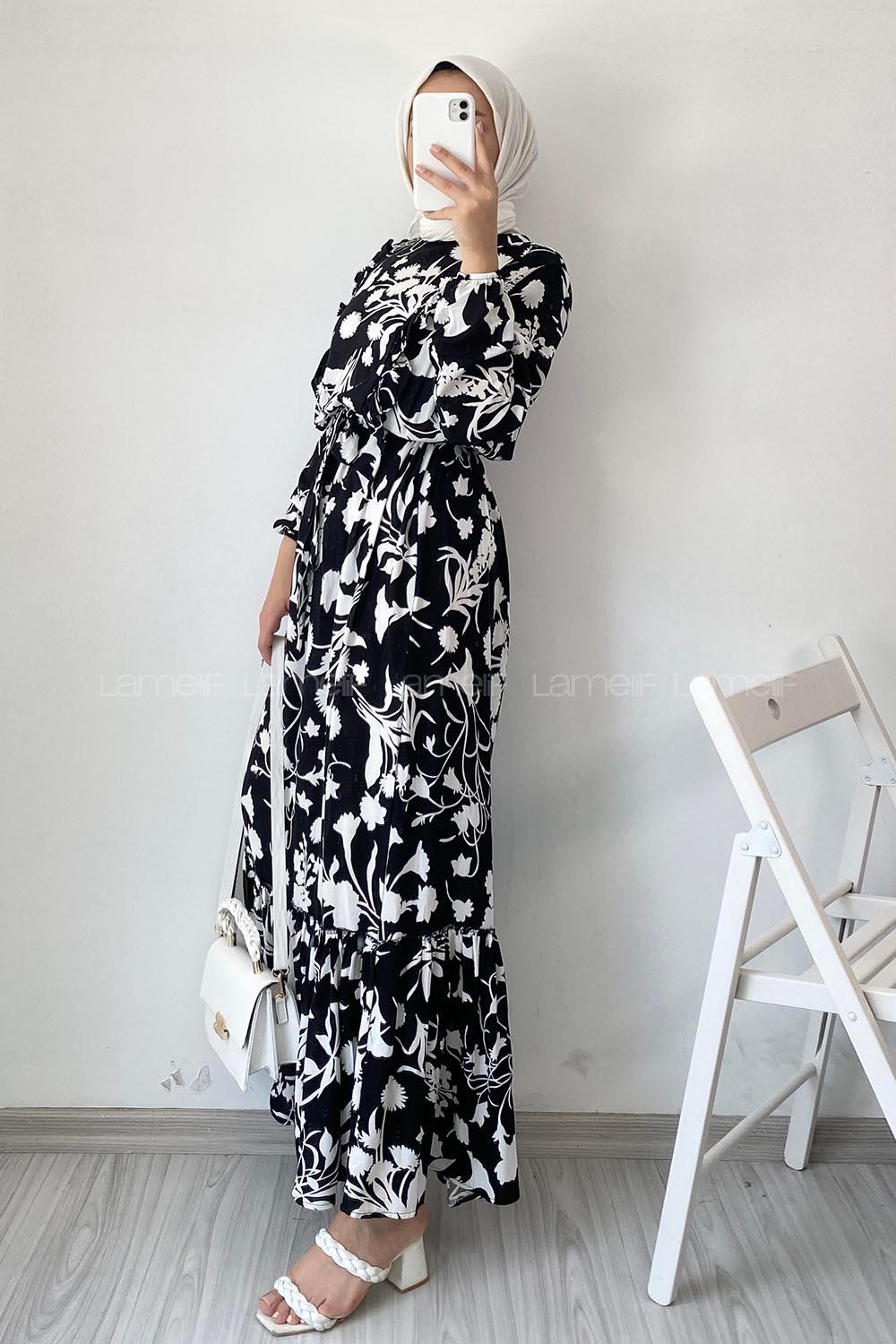 Modalamelif Önü FırFır Detaylı Beli Lastikli Kuşaklı Elbise Siyah