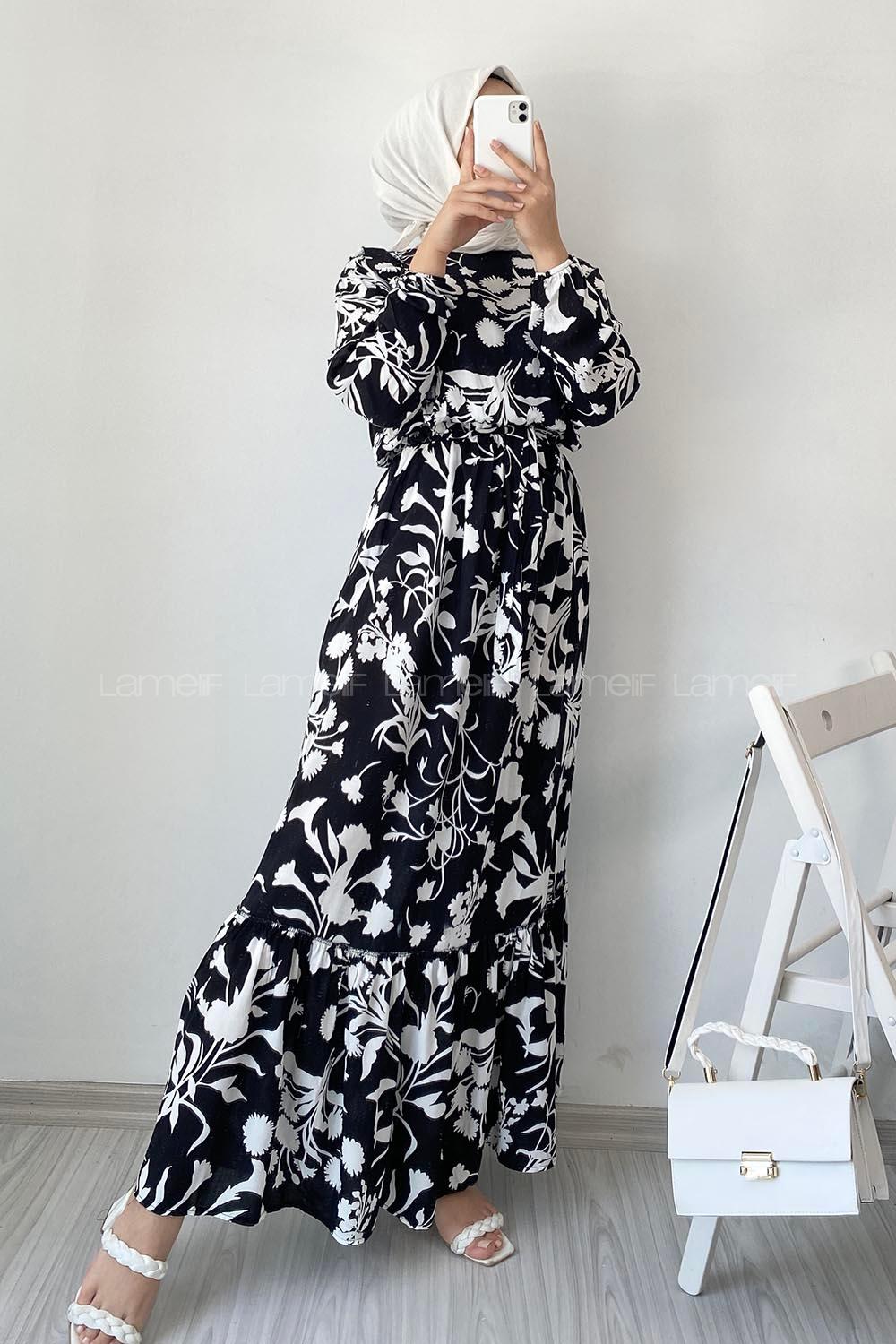 Modalamelif Önü FırFır Detaylı Beli Lastikli Kuşaklı Elbise Siyah