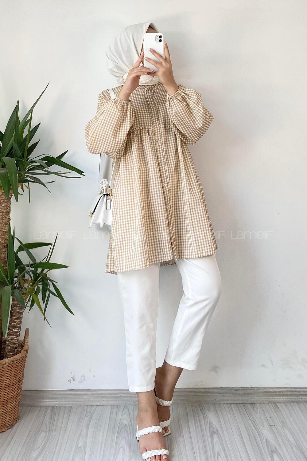 Modalamelif Yaka Fırfırlı Ekose Tunik Sütlü Kahve