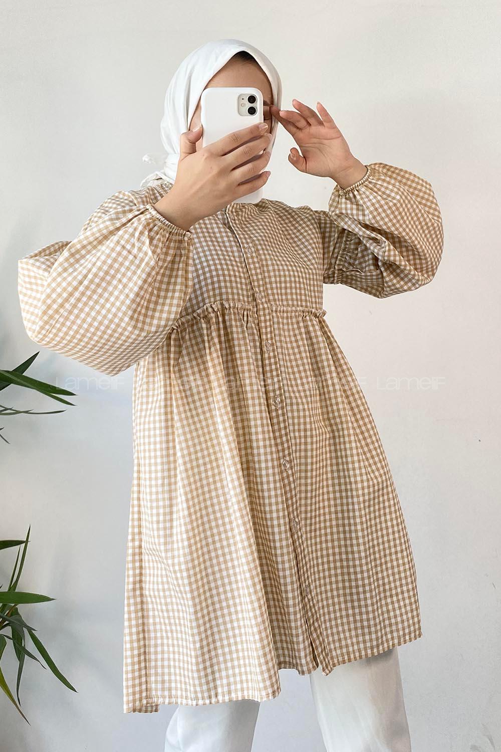 Modalamelif Yaka Fırfırlı Ekose Tunik Sütlü Kahve