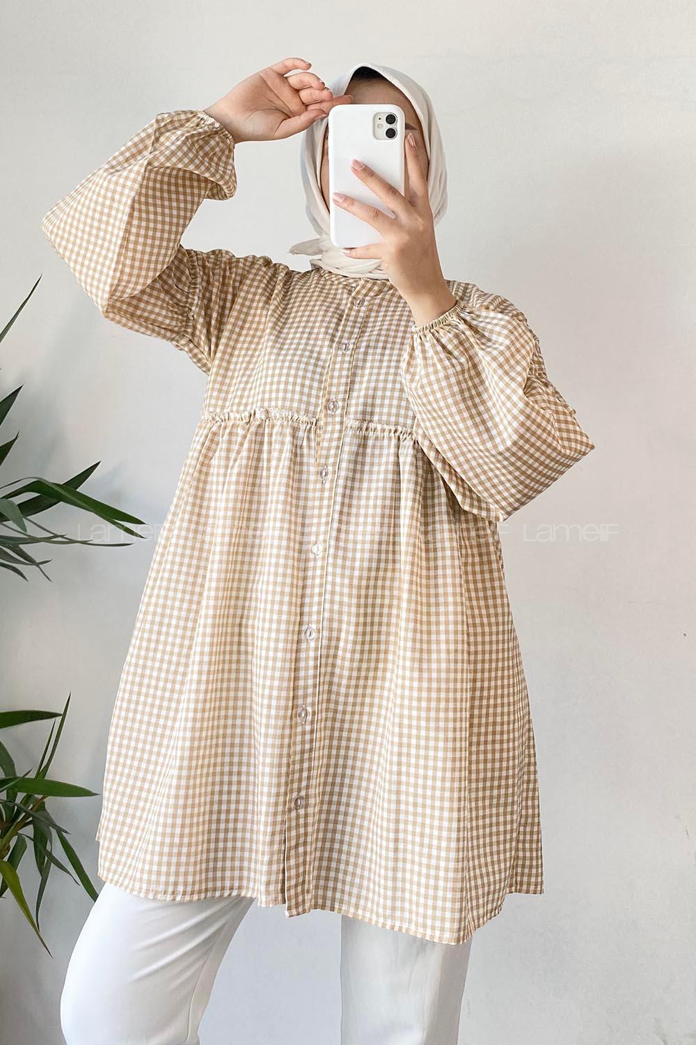 Modalamelif Yaka Fırfırlı Ekose Tunik Sütlü Kahve