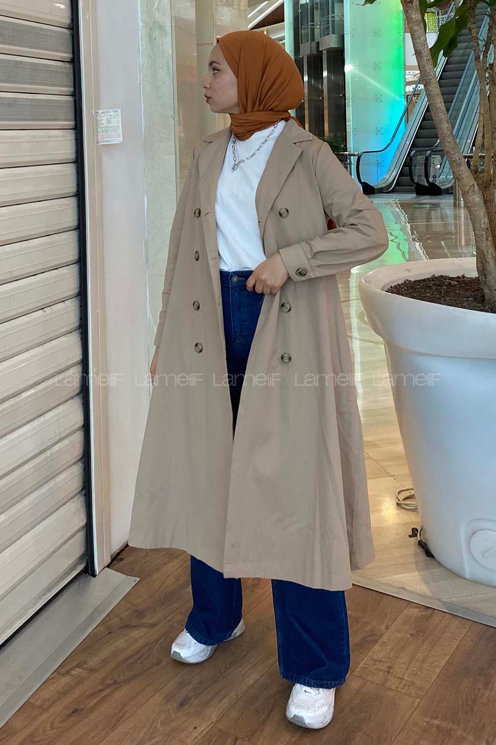 Modalamelif Önü Düğmeli Kemerli Trenç Bej