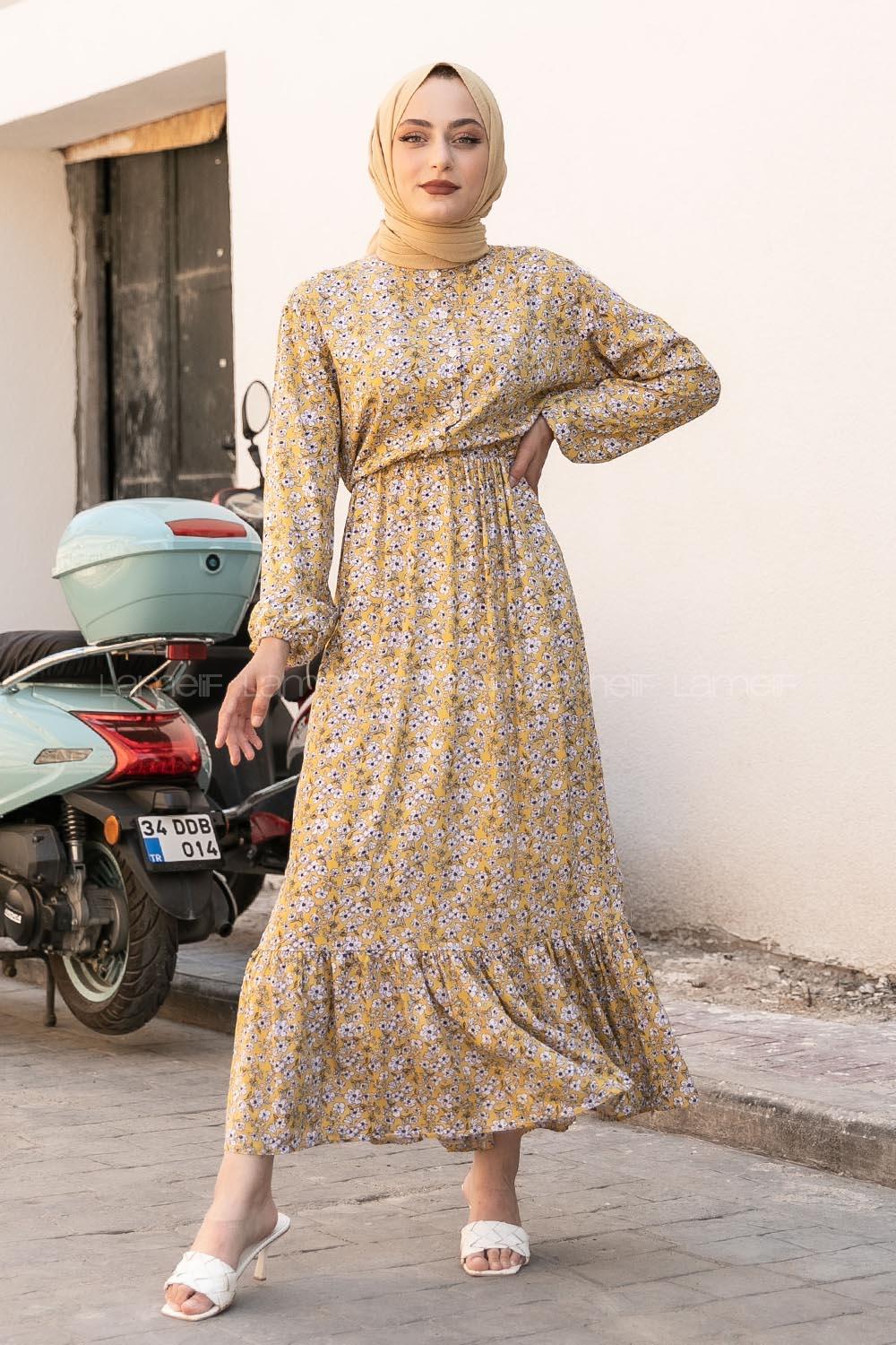 Modalamelif Önü Yarım Düğmeli  Çiçek Desenli Fırfırlı Elbise Sarı