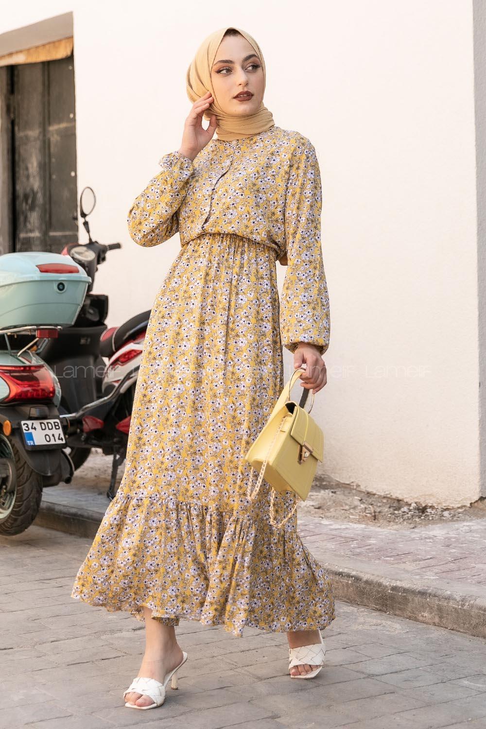 Modalamelif Önü Yarım Düğmeli  Çiçek Desenli Fırfırlı Elbise Sarı