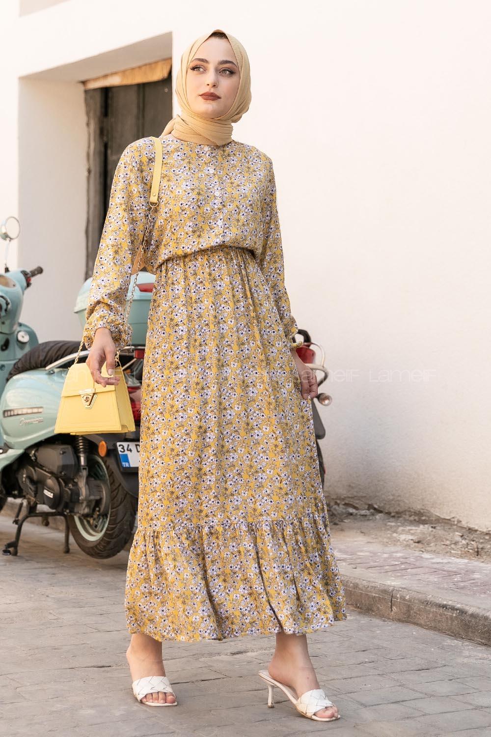 Modalamelif Önü Yarım Düğmeli  Çiçek Desenli Fırfırlı Elbise Sarı